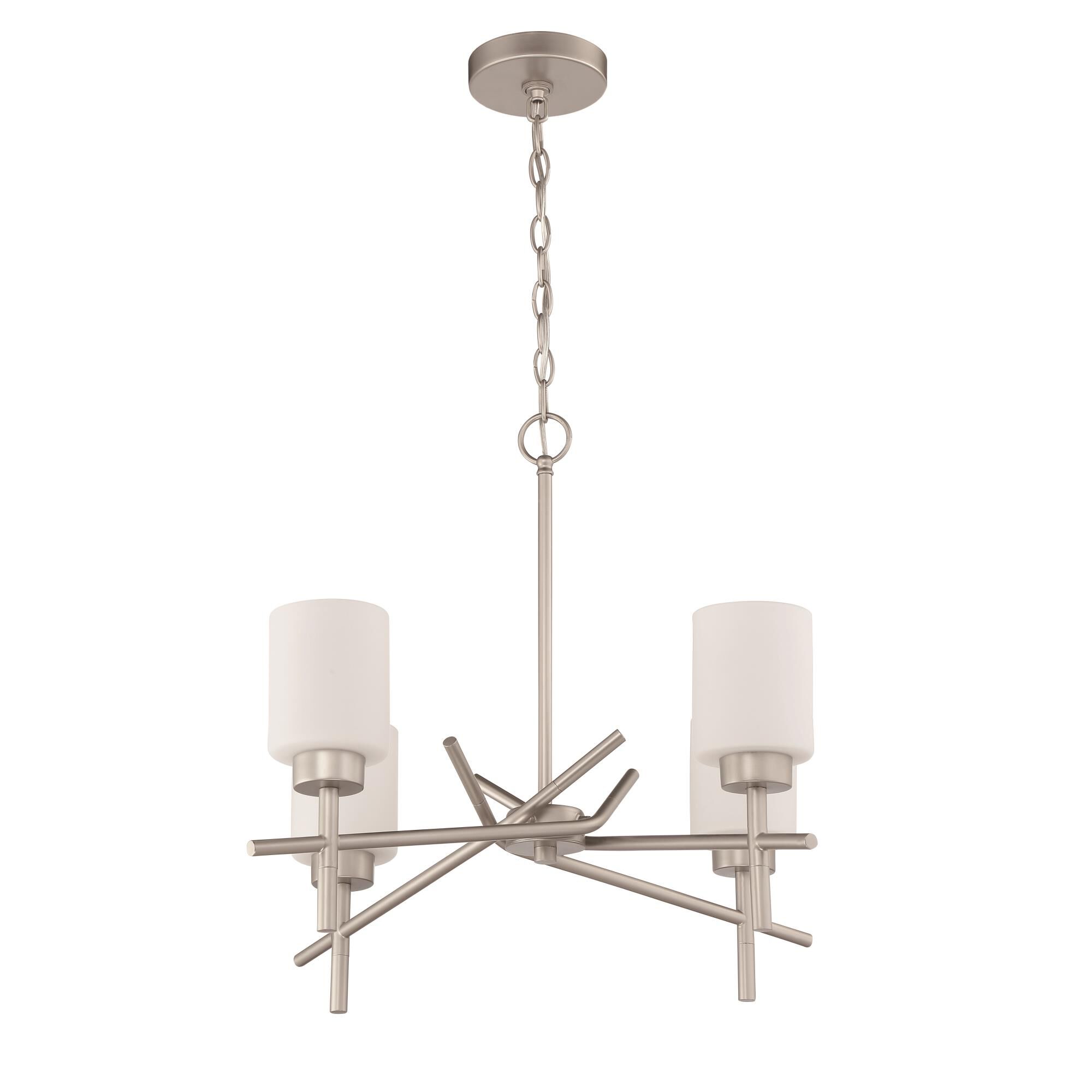 Shown in Satin Nickel finish and White Frosted glass and Glass shade