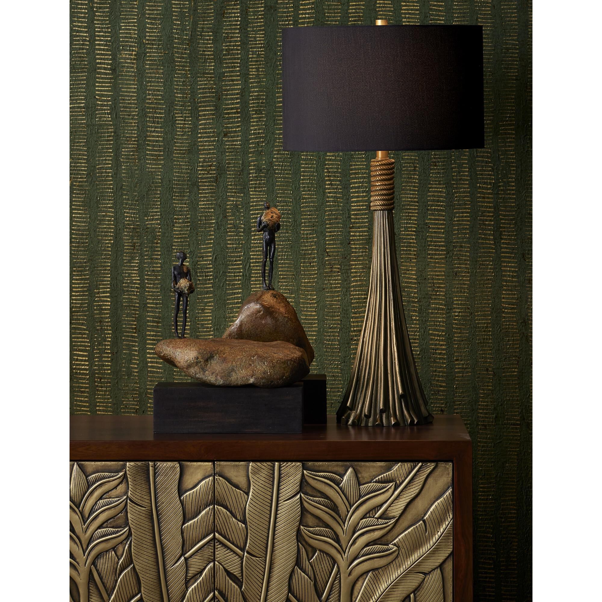 Shown in Antique Brass finish and Black Linen shade