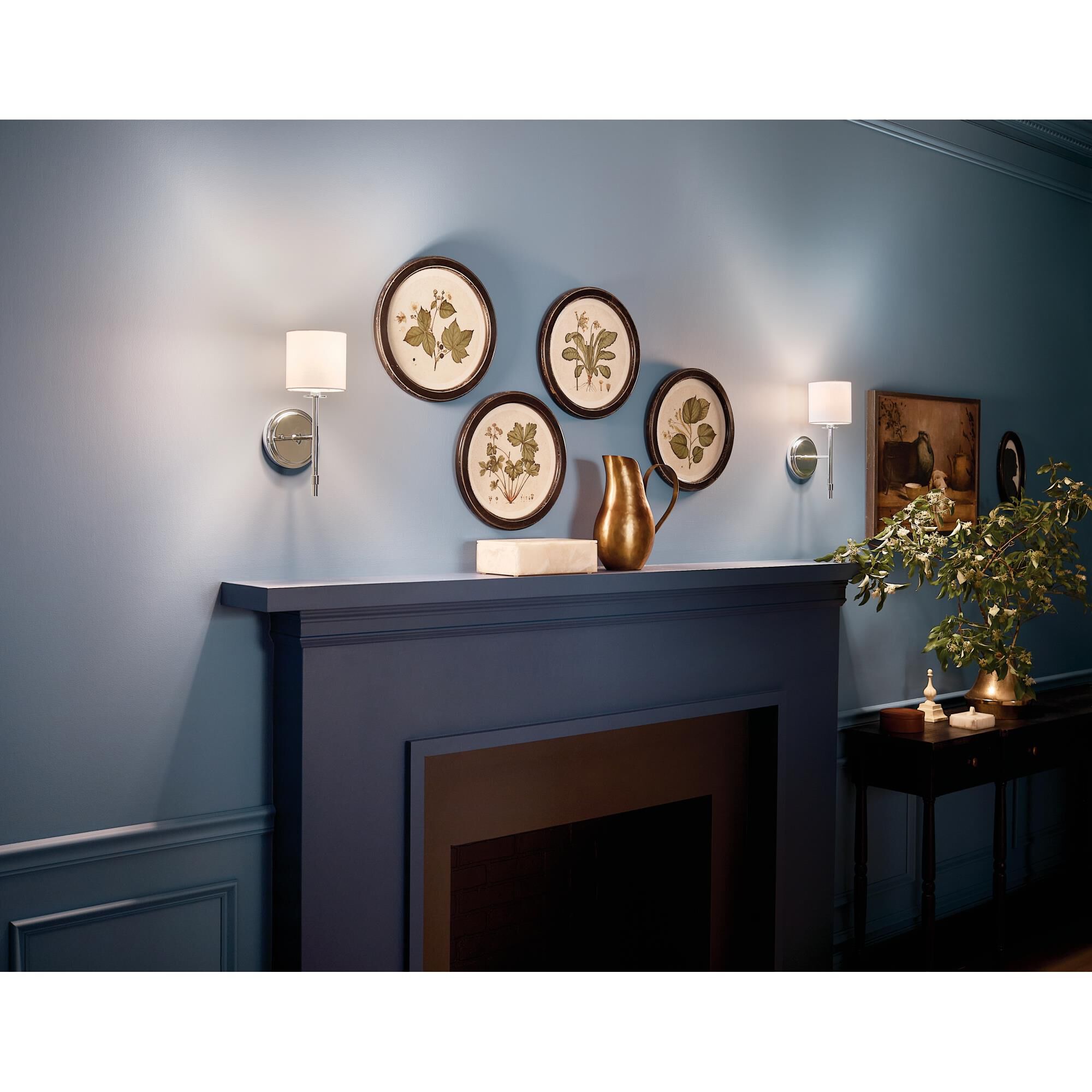 Shown in Polished Nickel finish and Fabric and Drum shade