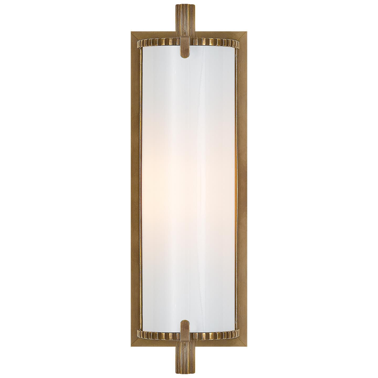 Shown in Hand-Rubbed Antique Brass finish and White glass
