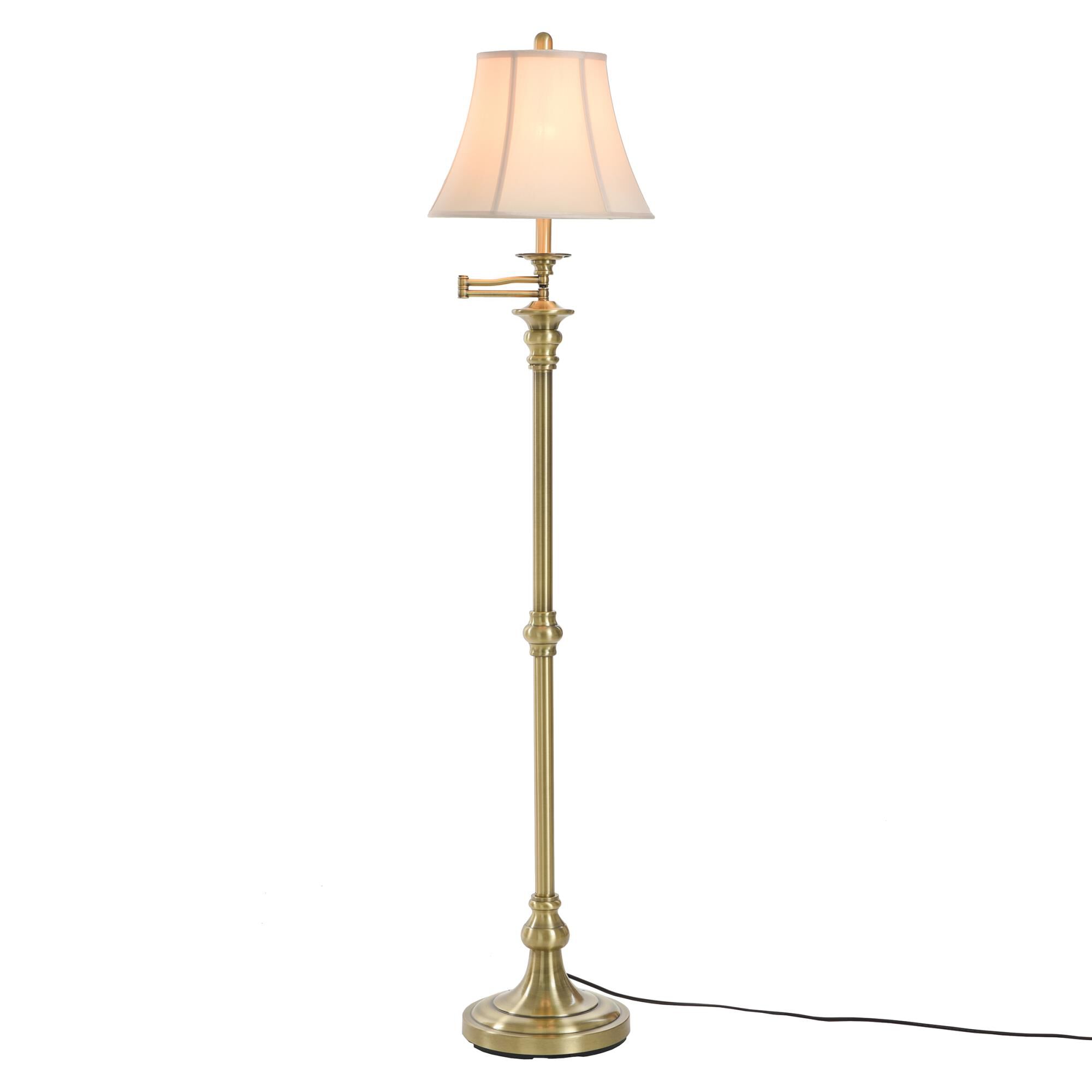 Shown in Antique Brass finish and White Fabric shade