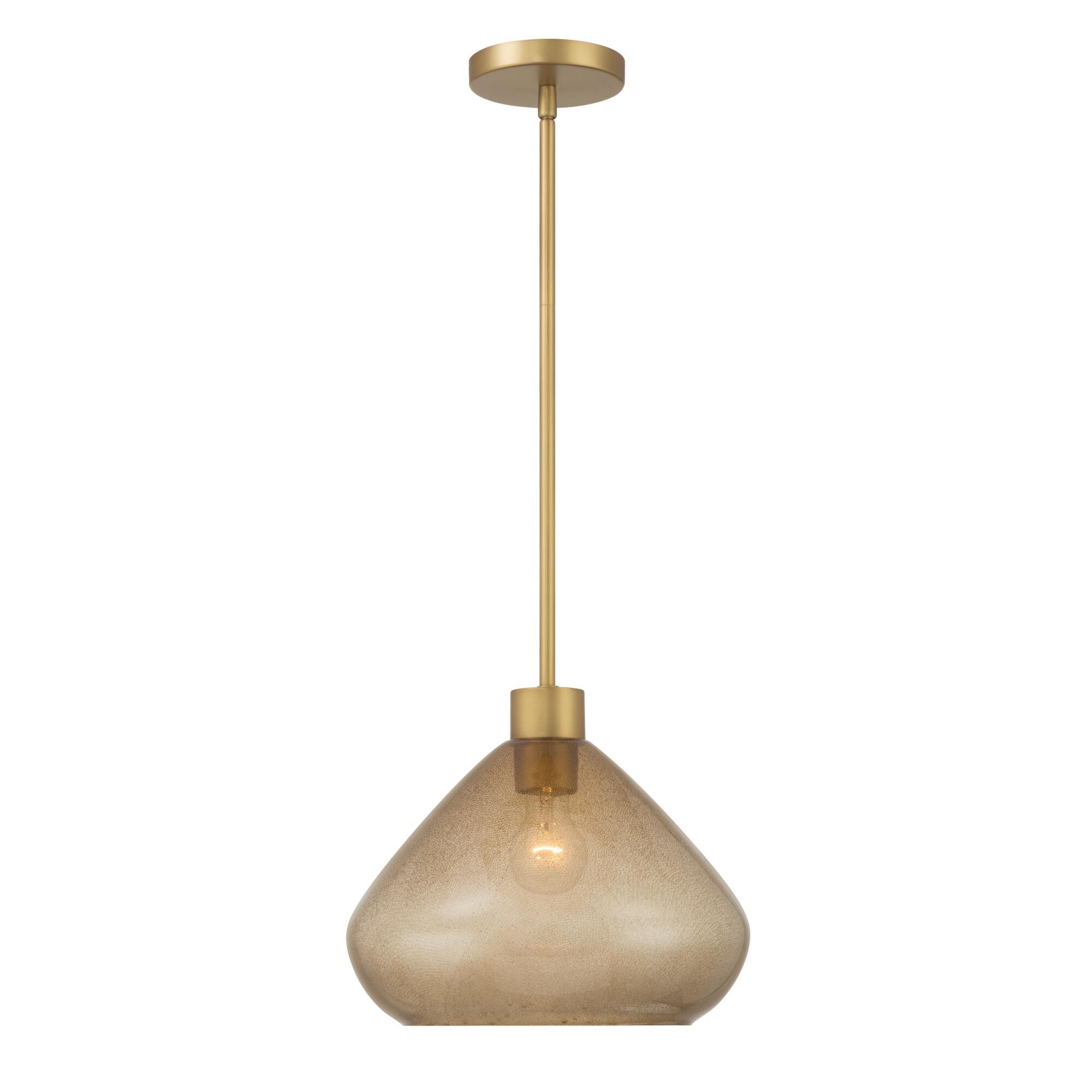 Shown in Legacy Brass finish and Brown Bubble glass