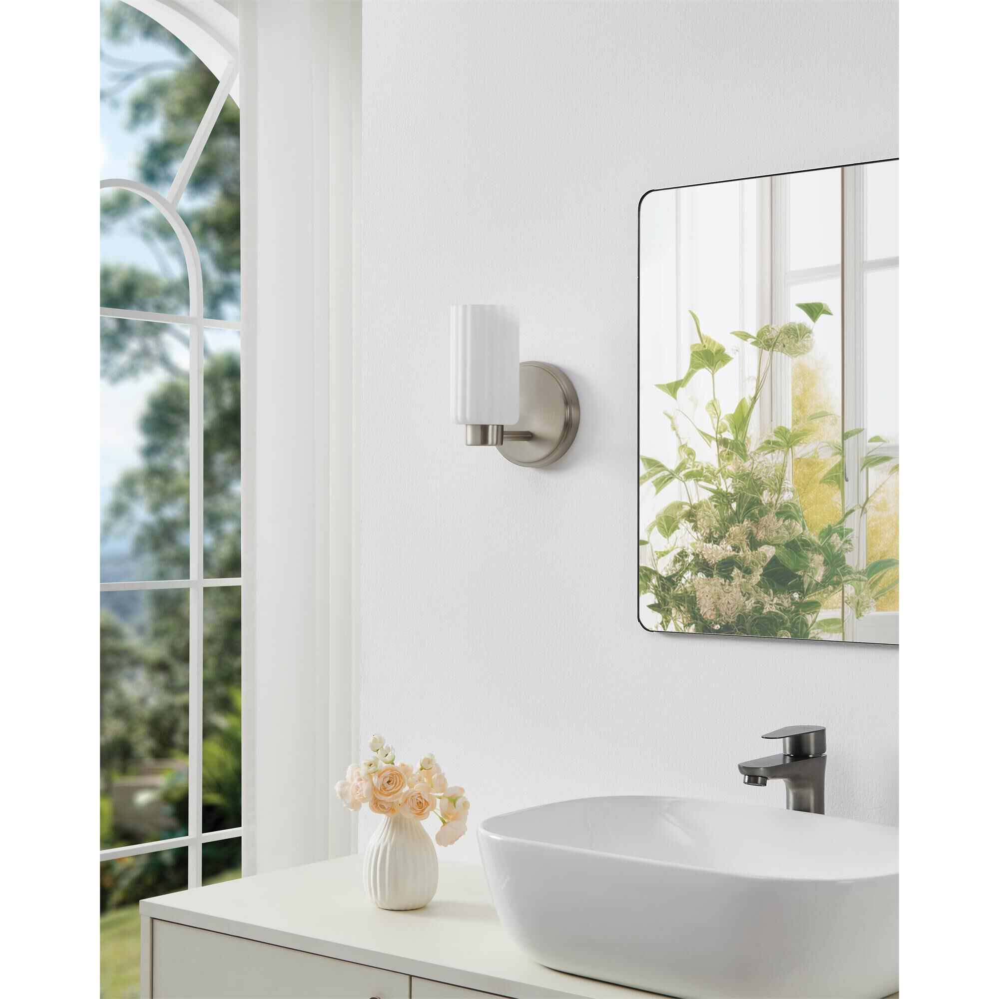 Shown in Brushed Nickel finish and Etched Opal Ribbed glass