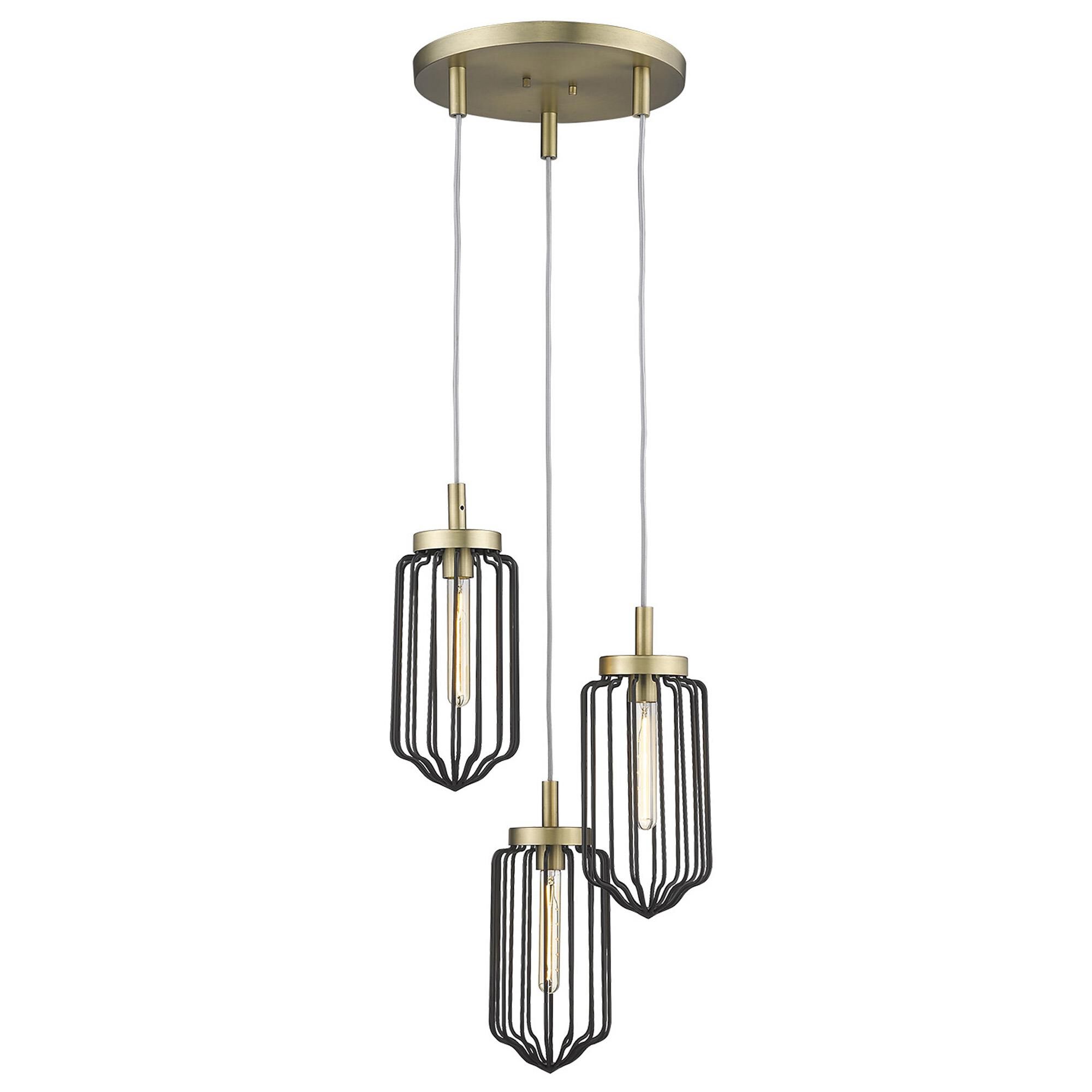 Shown in Aged Brass finish and Black glass and Black, Cylindrical Metal Cage s shade