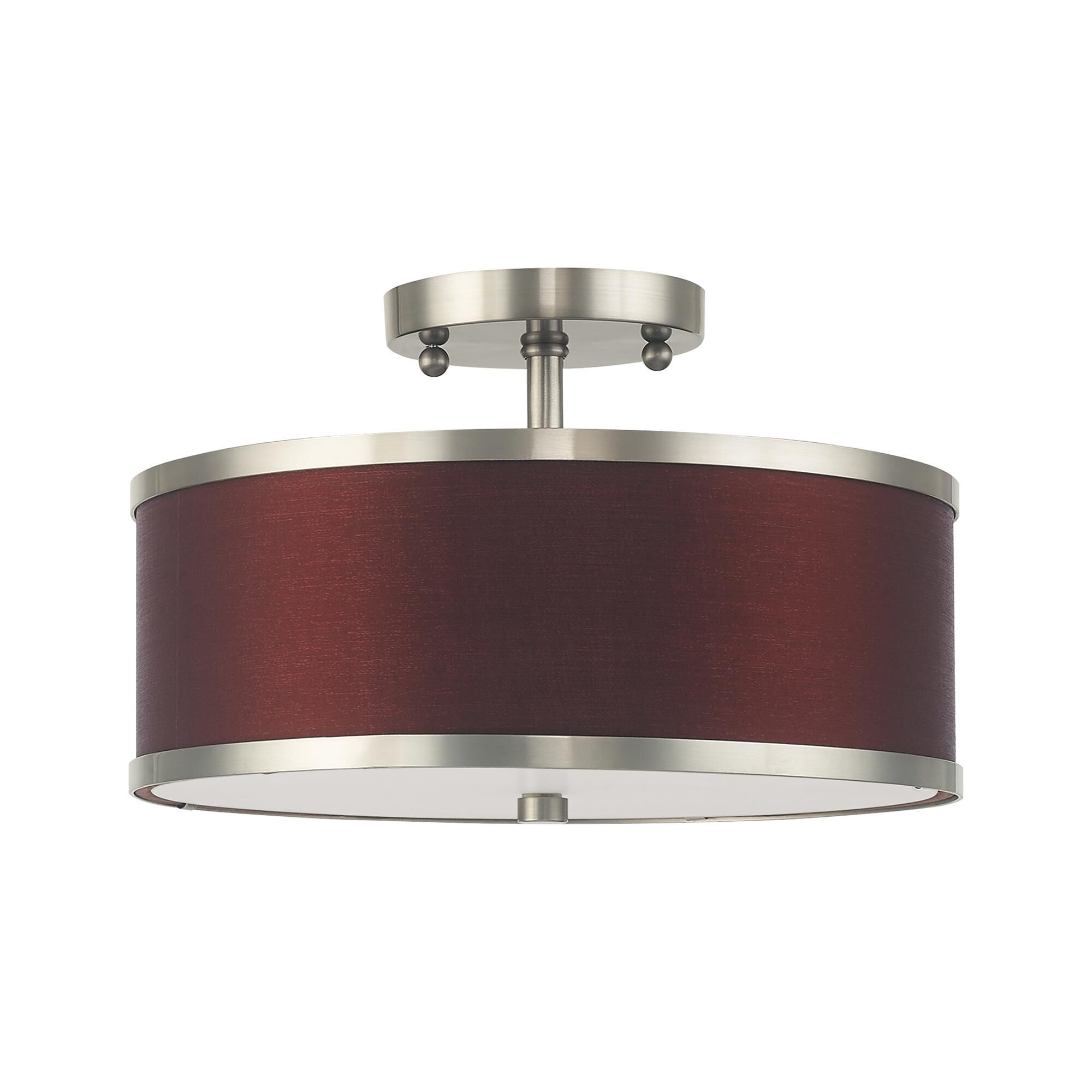 Shown in Brushed Nickel finish and Hand Crafted Red Wine Fabric Hardback shade
