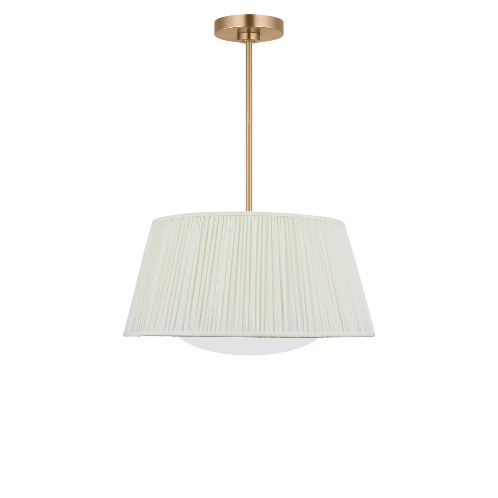Shown in Satin Brass finish and Mushroom Pleat Fabric shade