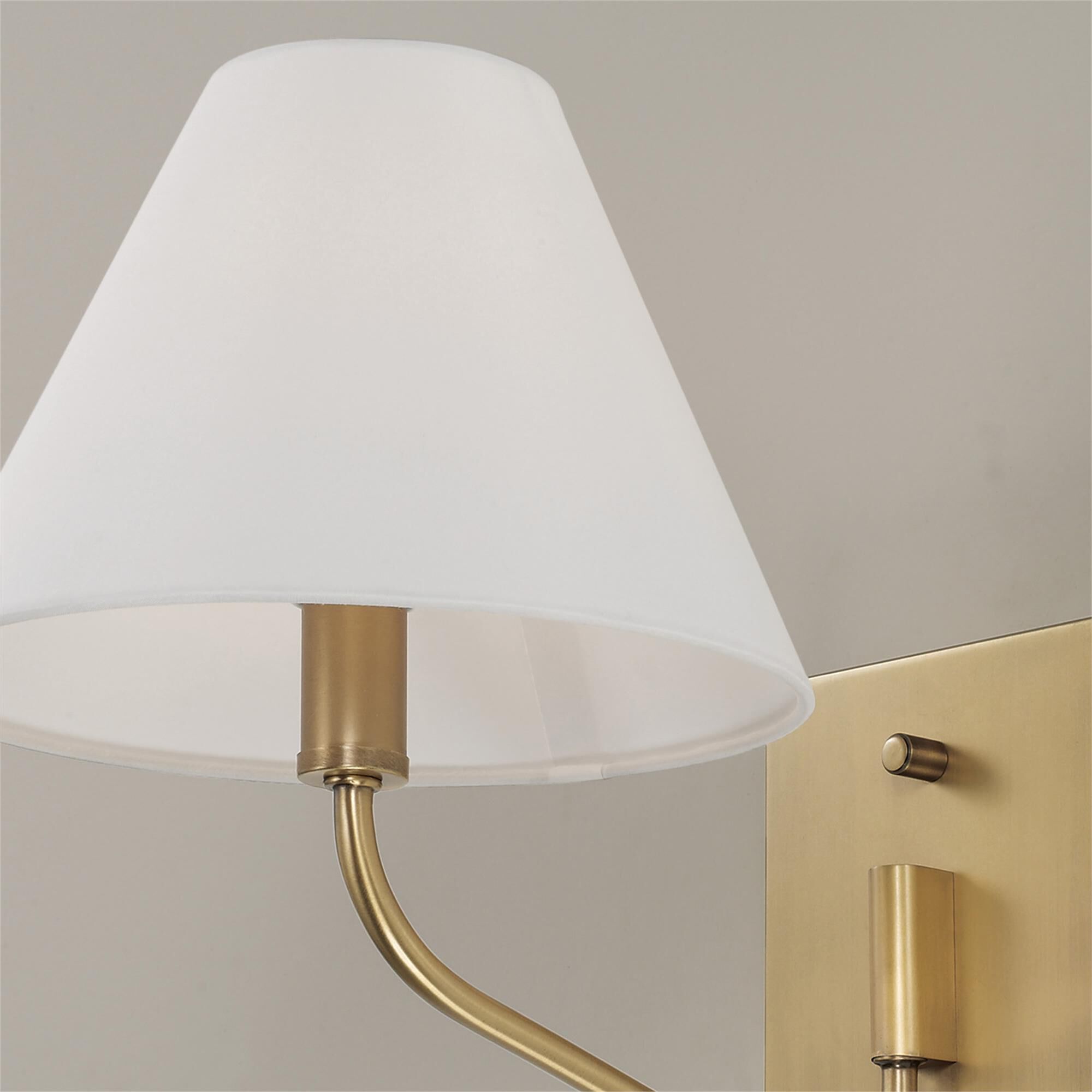 Shown in Aged Brass finish and White Fabric shade