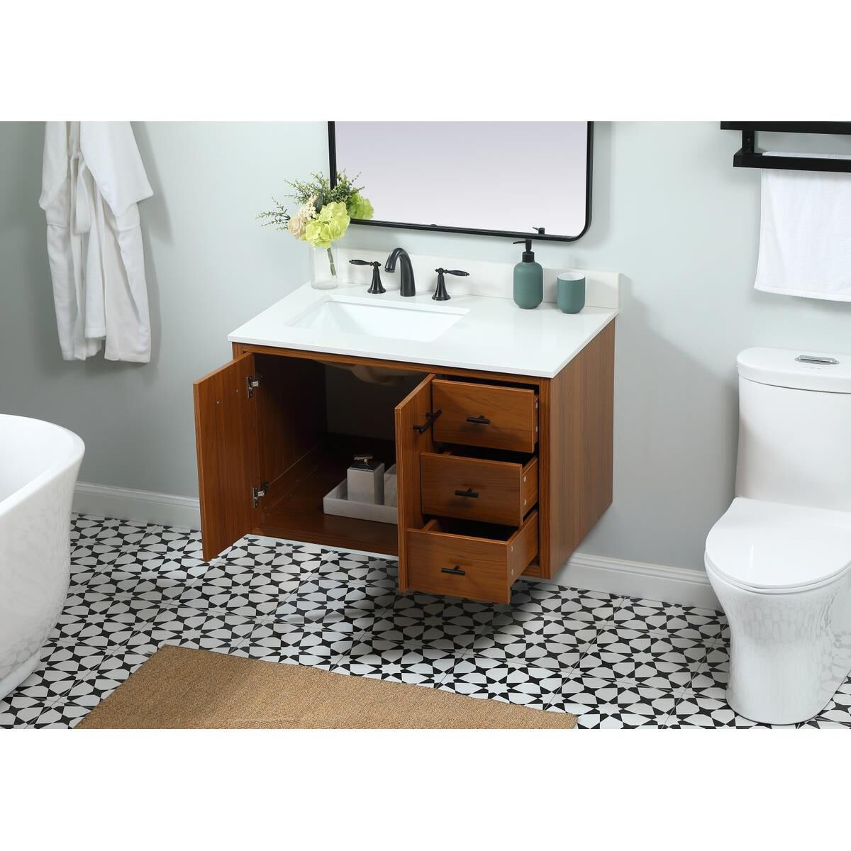 Shown in Teak finish and Backsplash accent