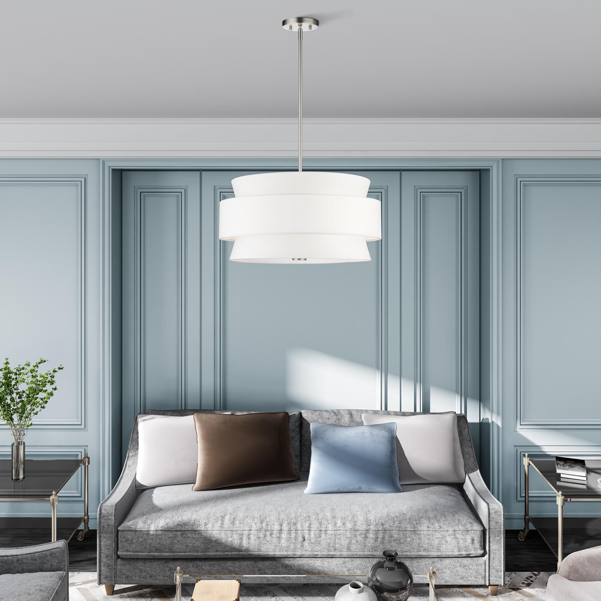 Shown in Brushed Nickel finish and Hand Crafted Off-White Fabric Hardbacks with White Fabric Inside shade