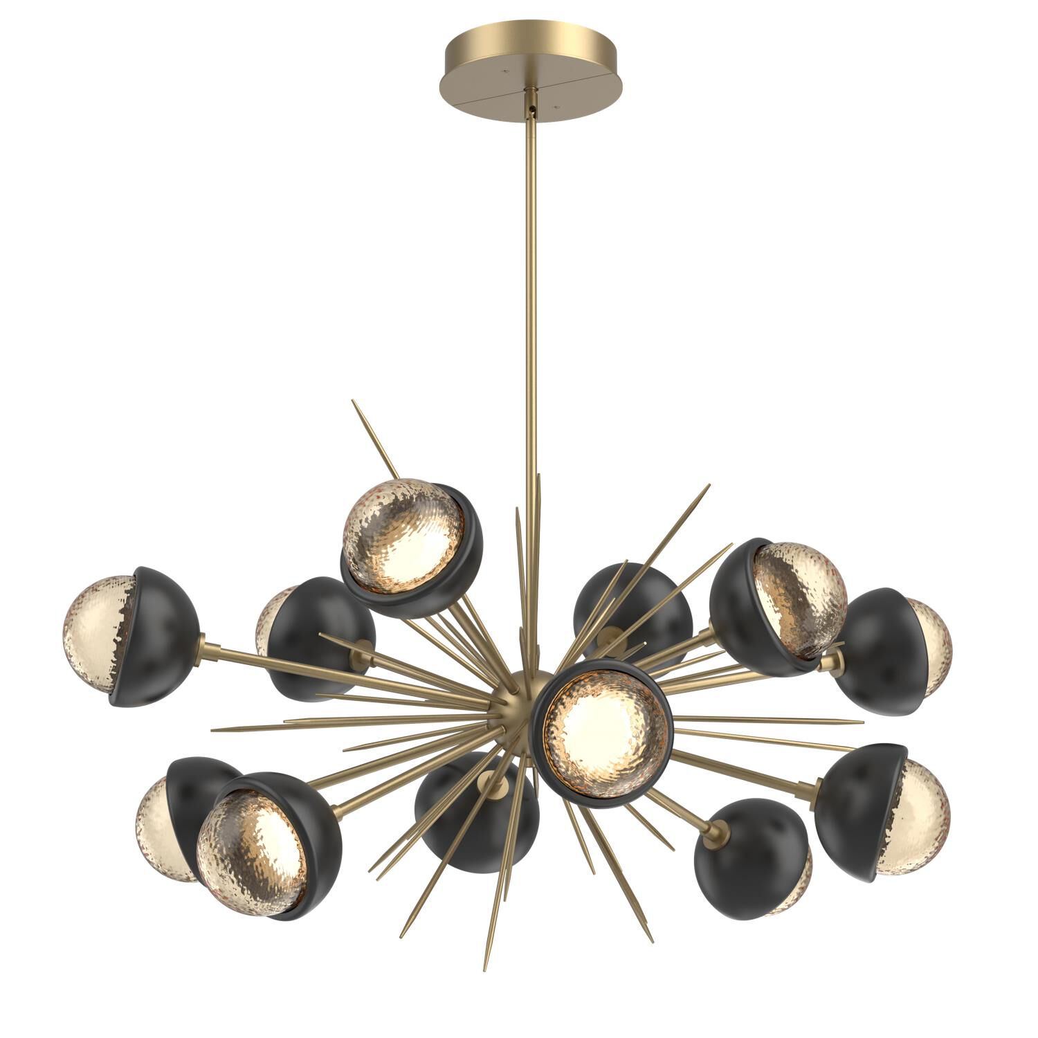 Shown in Gilded Brass finish and Amber glass and Matte Black accent