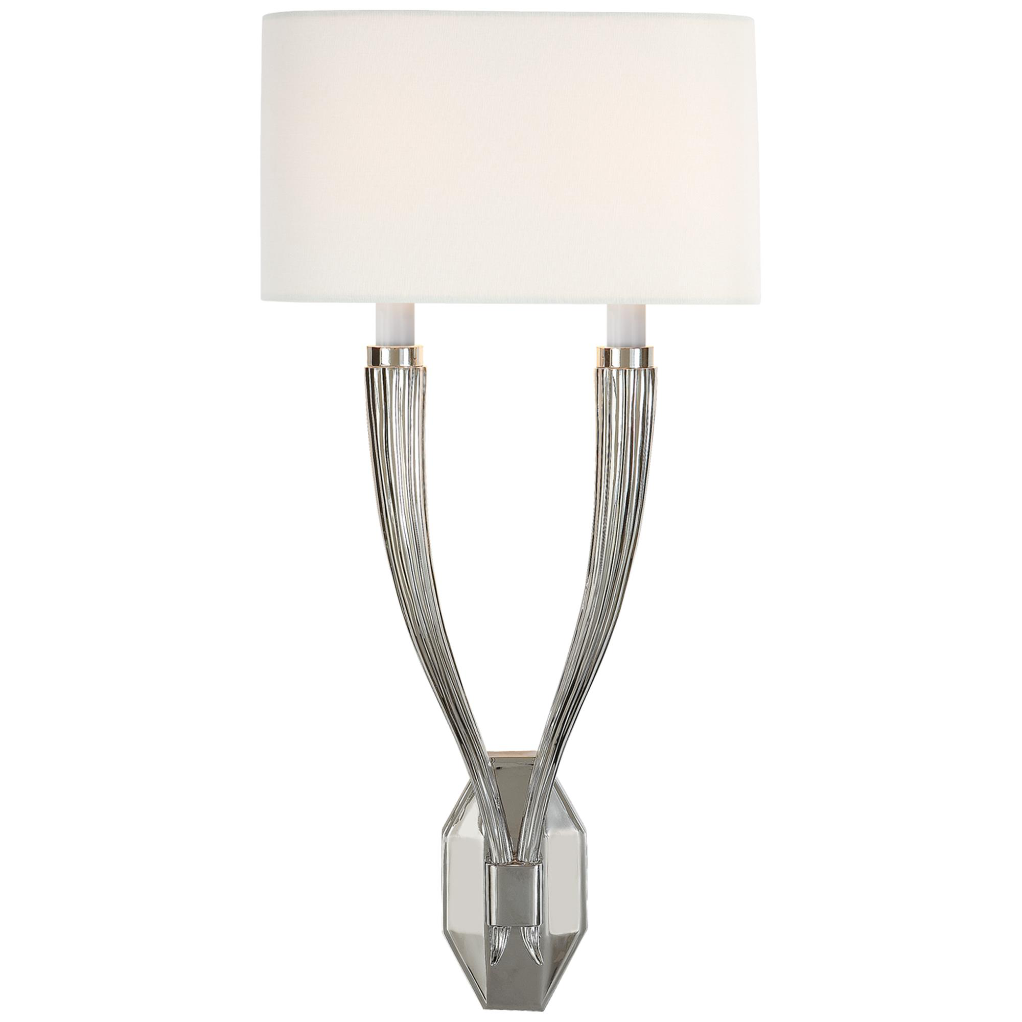 Shown in Polished Nickel finish and Linen Shield shade