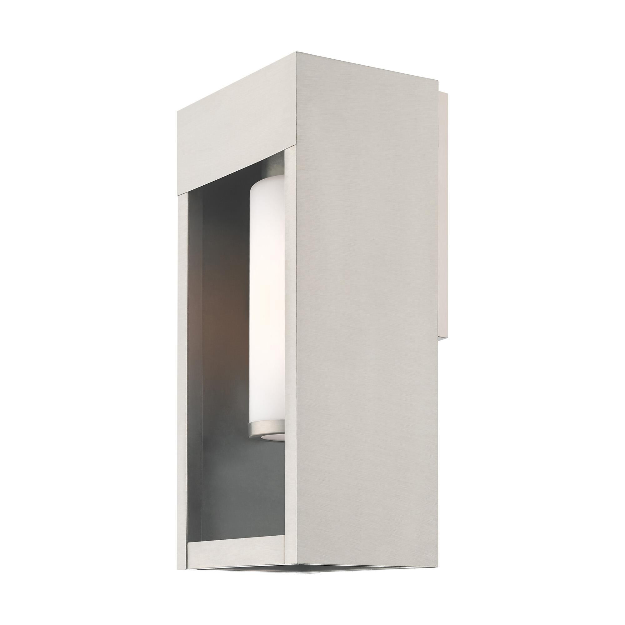Shown in Brushed Nickel finish and Hand Blown Satin Opal White Cylinder glass
