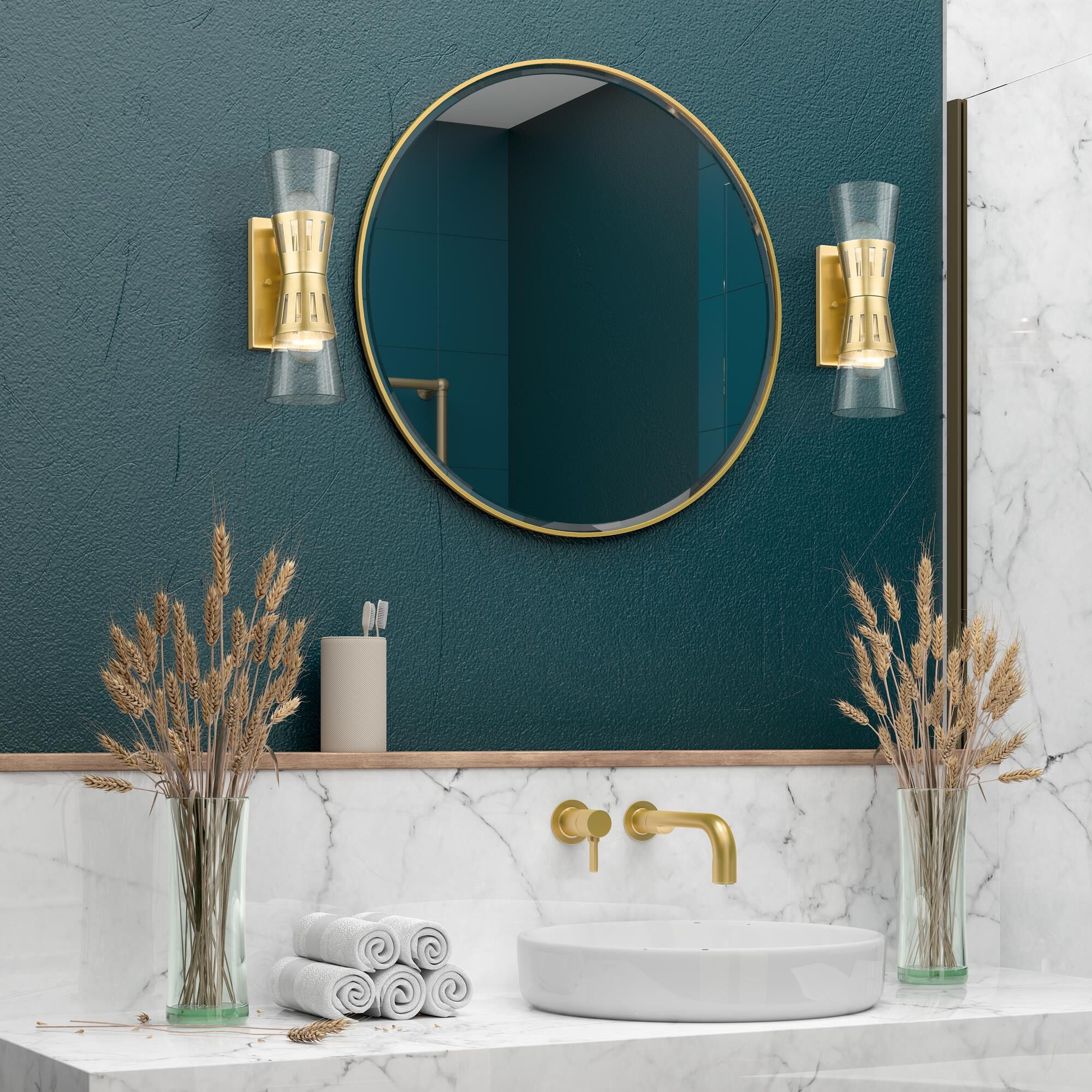 Shown in Natural Brass finish and Hand Blown Clear glass