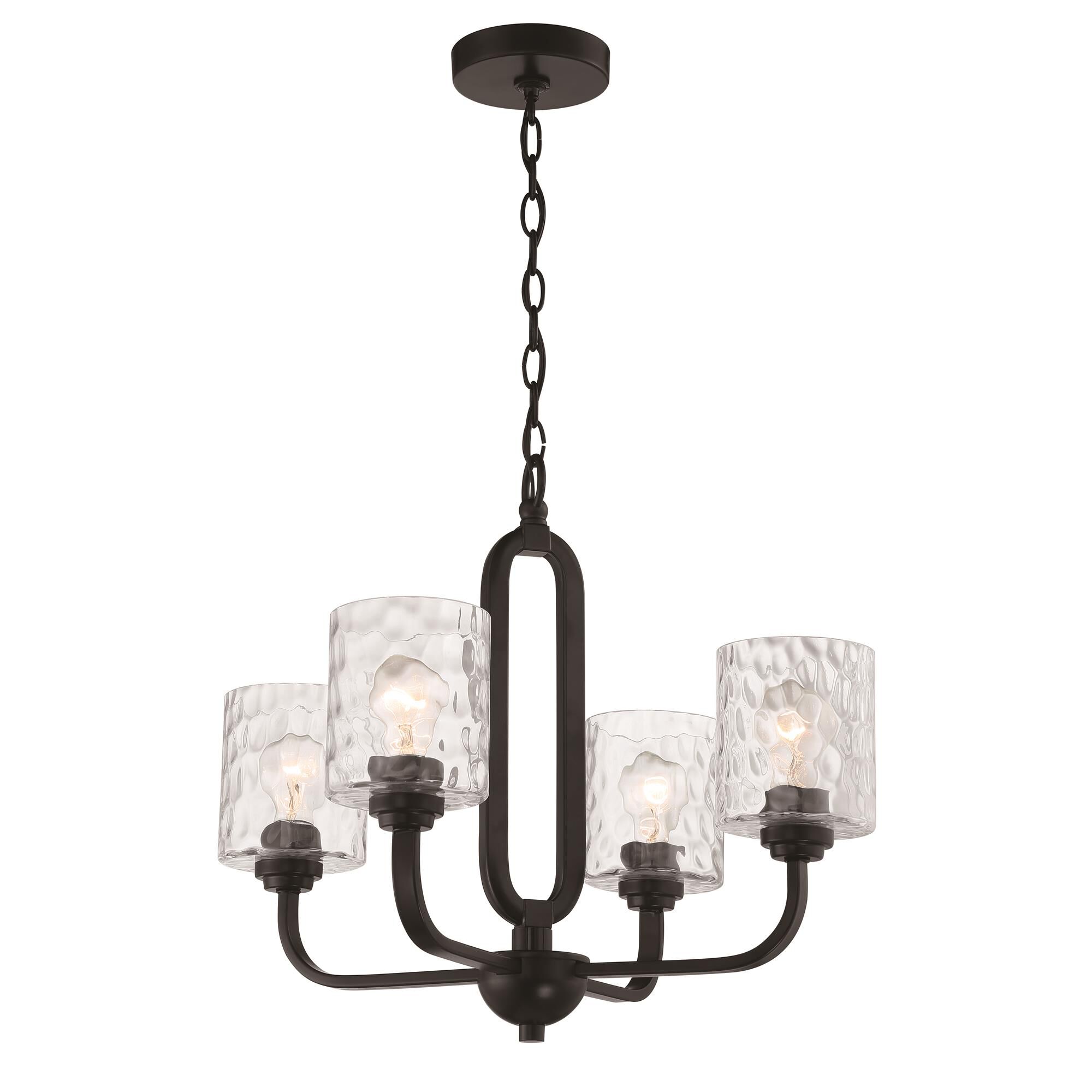 Shown in Flat Black finish and Clear Hammered glass and Glass shade