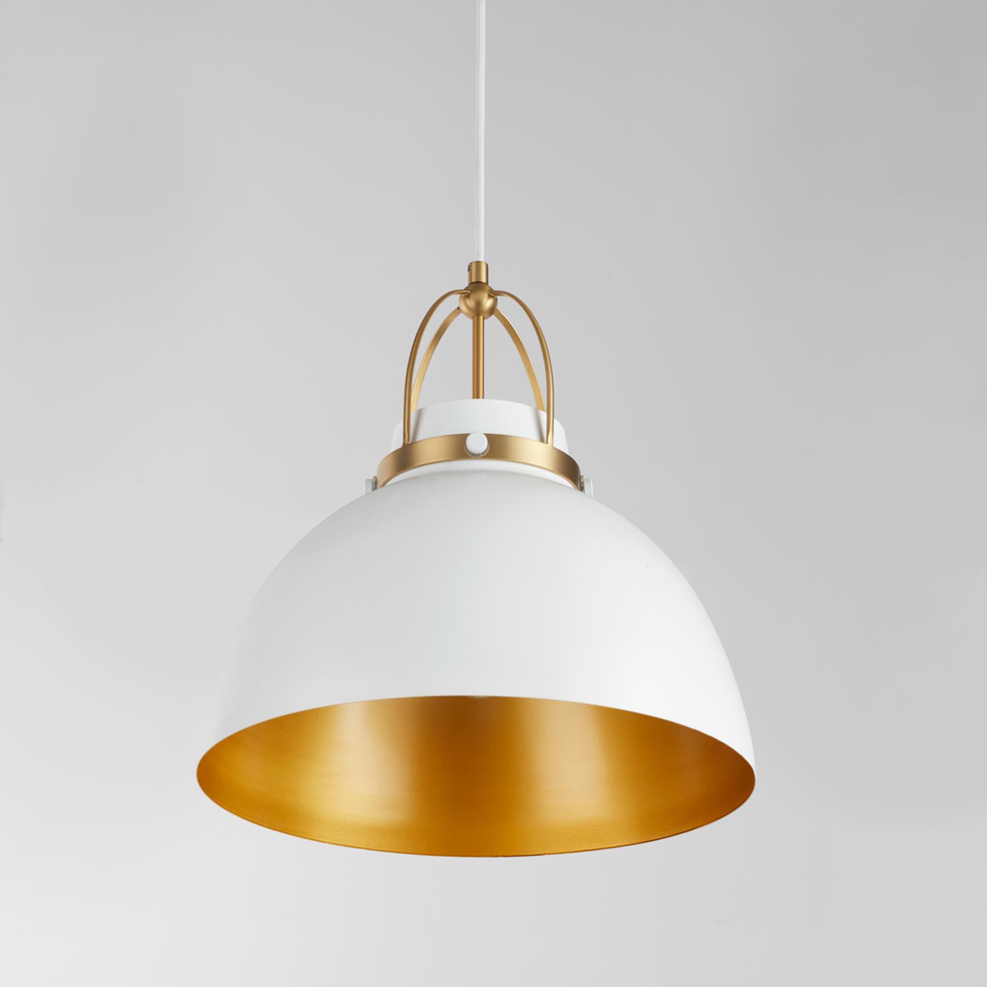 Shown in Studio White with Aged Brass finish and White and Gold Metal shade