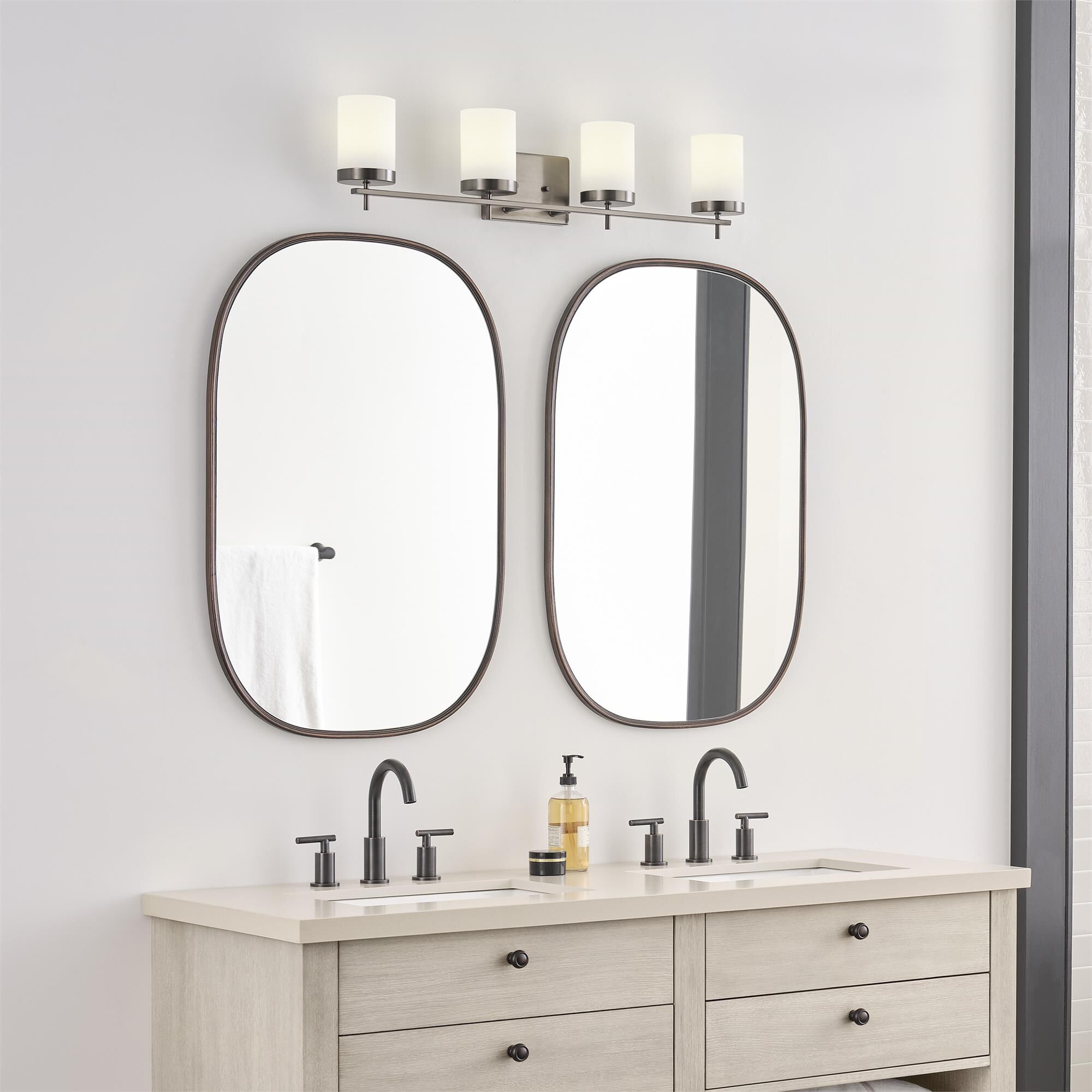 Shown in Brushed Oil Rubbed Bronze finish and Etched - White Inside glass