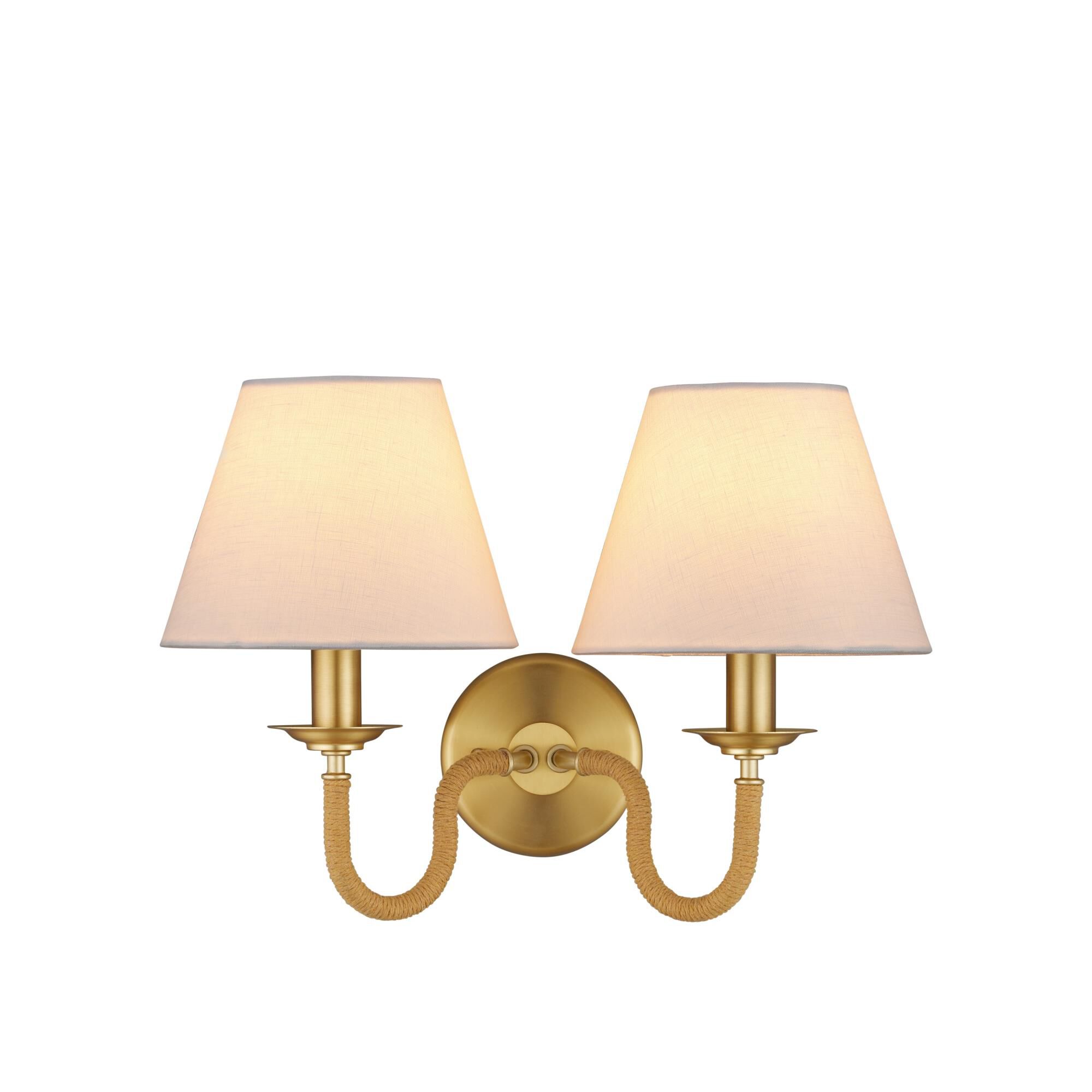Shown in Natural and Brushed Brass finish and Off White Linen shade