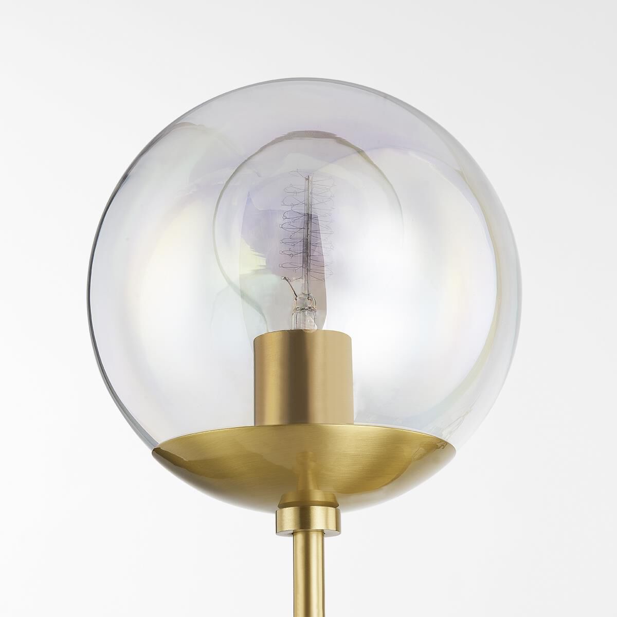 Shown in Aged Brass finish and Clear Plated Iridescent glass