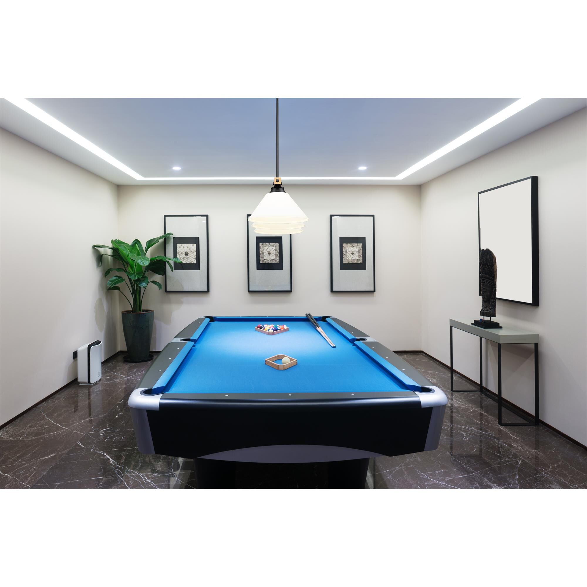 Shown in Matte Black + Rubbed Brass finish and Matte Opal glass and Matte Opal shade
