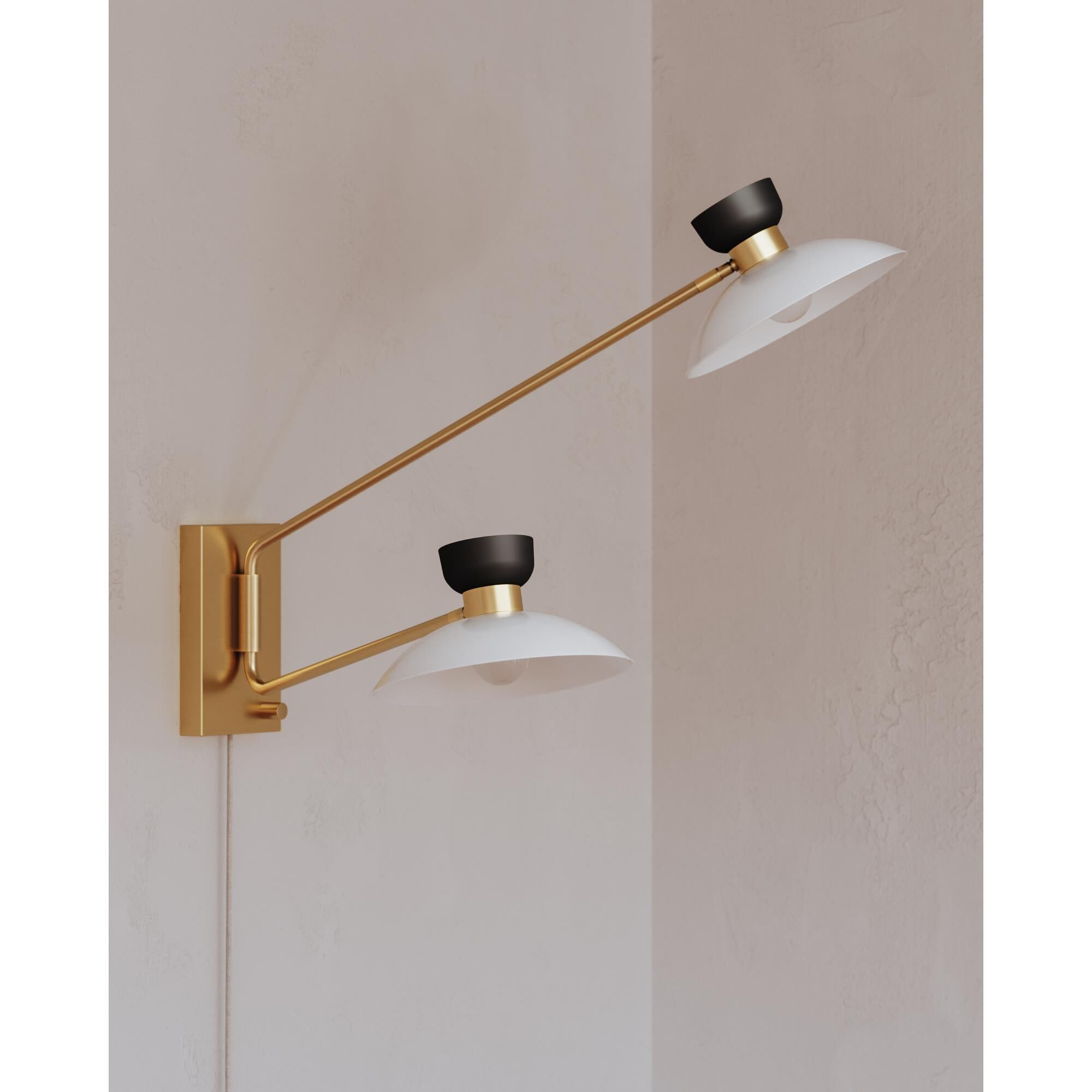 Shown in Aged Brass finish and White Metal shade
