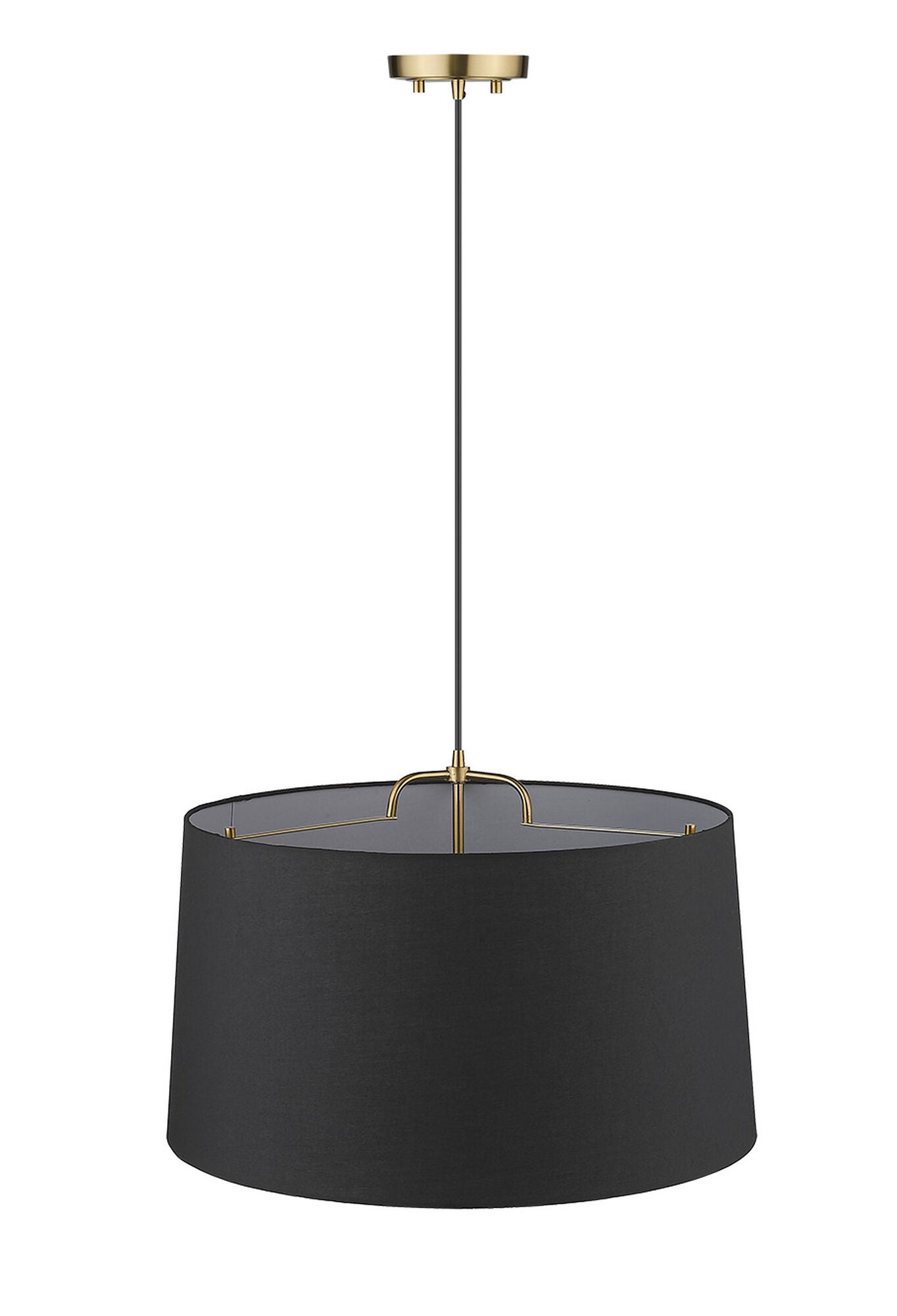 Shown in Gold finish and Matte Black glass and Black Hardback Linen Drum shade