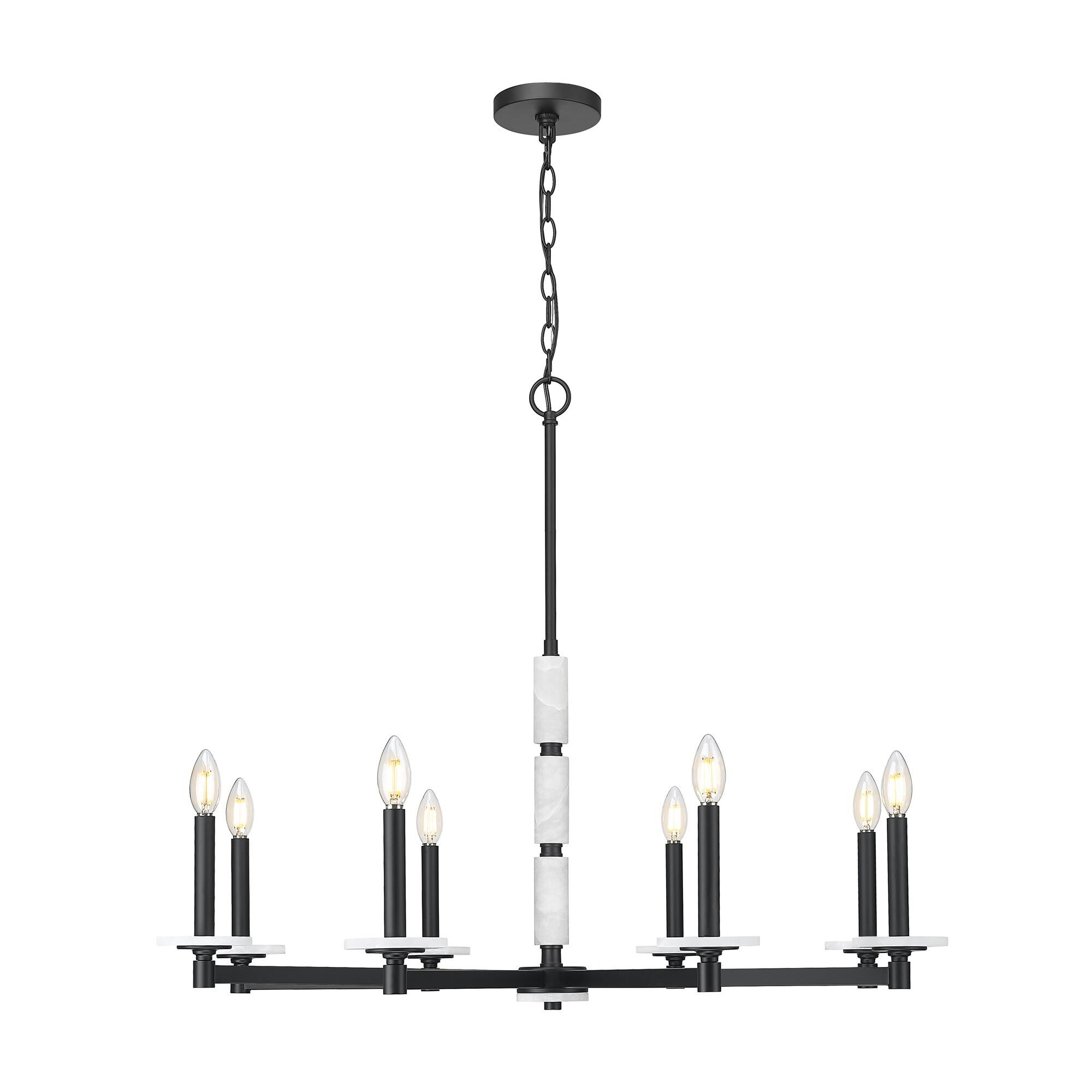 Shown in Matte Black finish and Alabaster glass and Alabaster shade