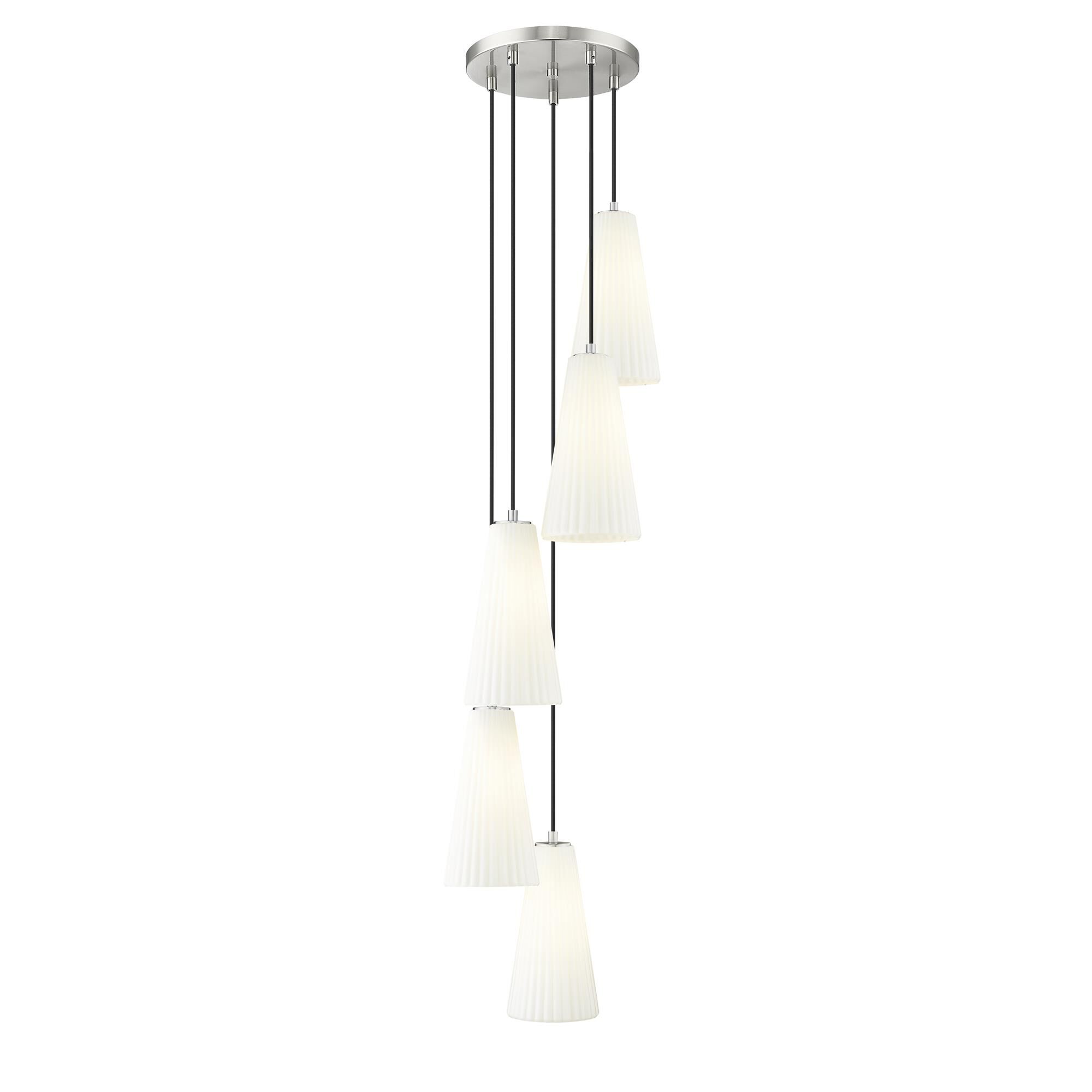 Shown in Brushed Nickel finish and White glass and White shade