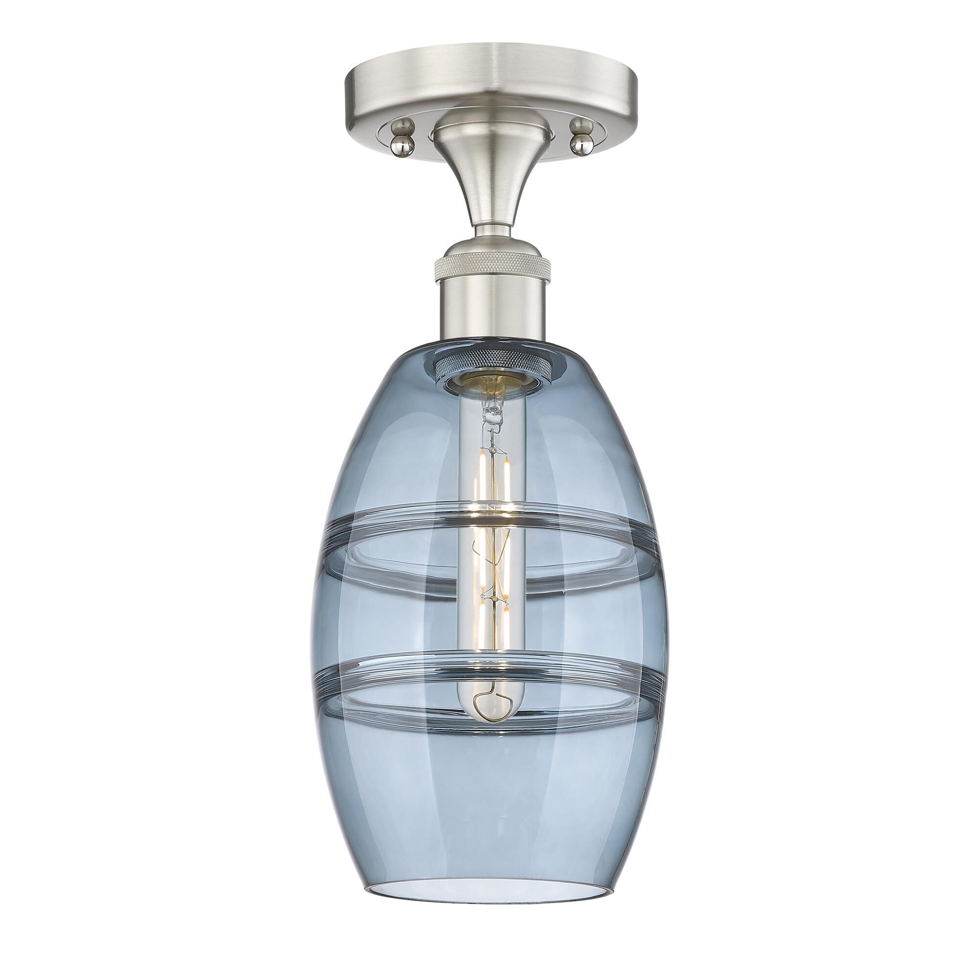 Shown in Brushed Satin Nickel finish and Princess Blue glass