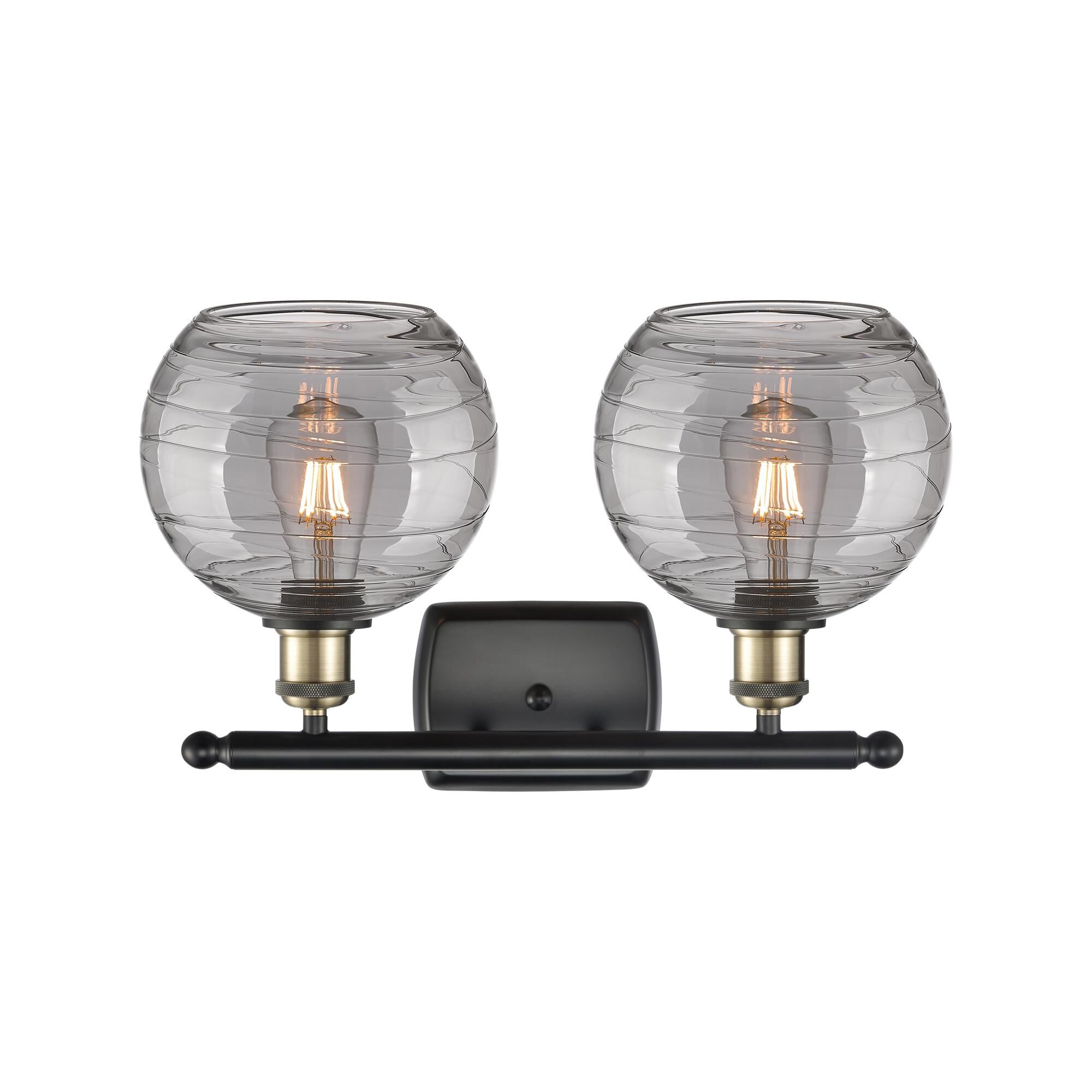 Shown in Black Antique Brass finish and Light Smoke Deco Swirl glass