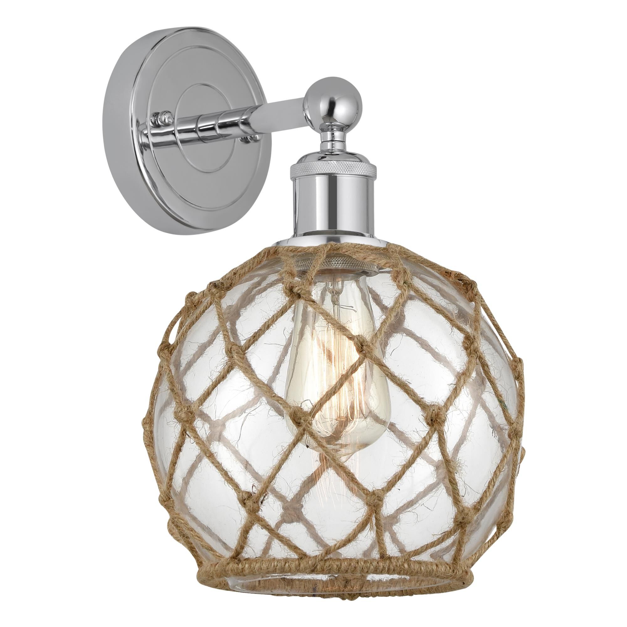 Shown in Polished Chrome finish and Clear with Brown Rope glass