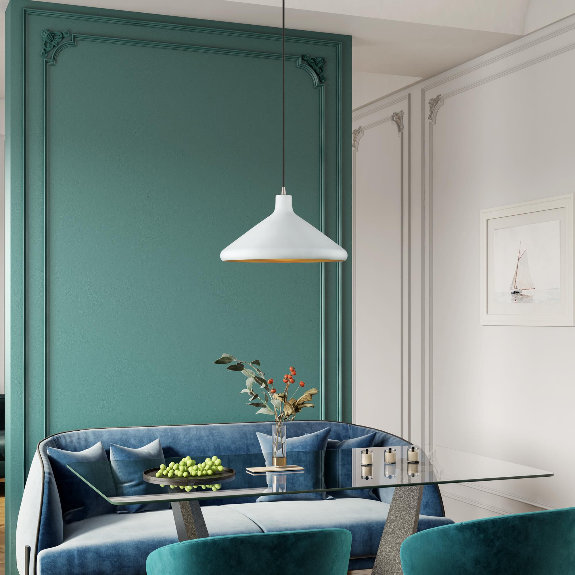 Shown in White with Brushed Nickel Accents finish and White Aluminum with Gold Inside shade