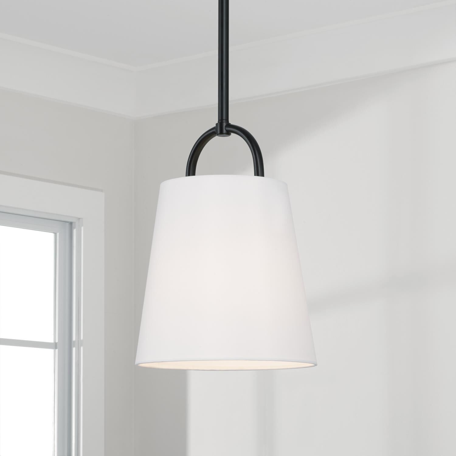 Shown in Matte Black finish and White Fabric shade