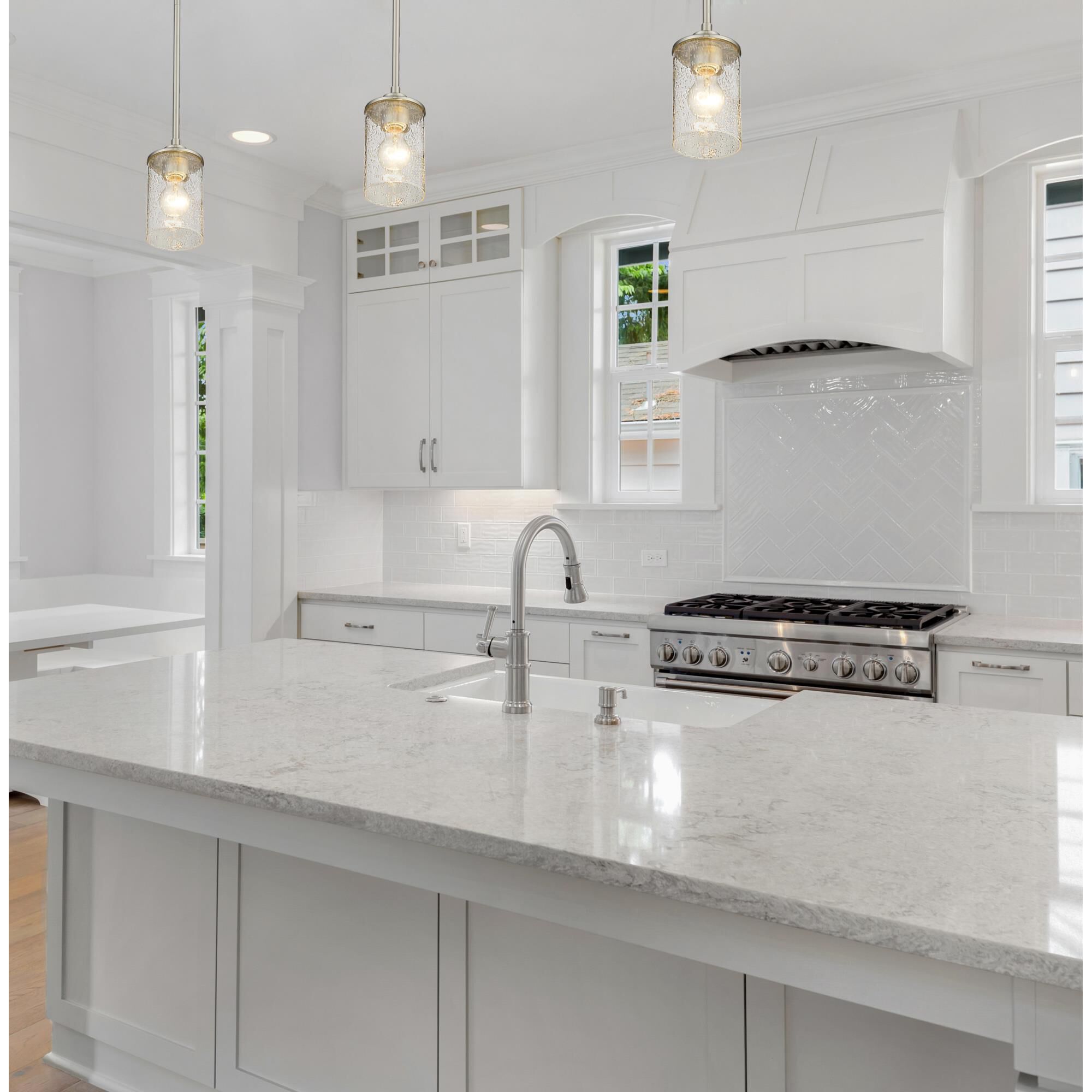 Shown in Brushed Nickel finish and Clear Seedy glass and No Shade shade