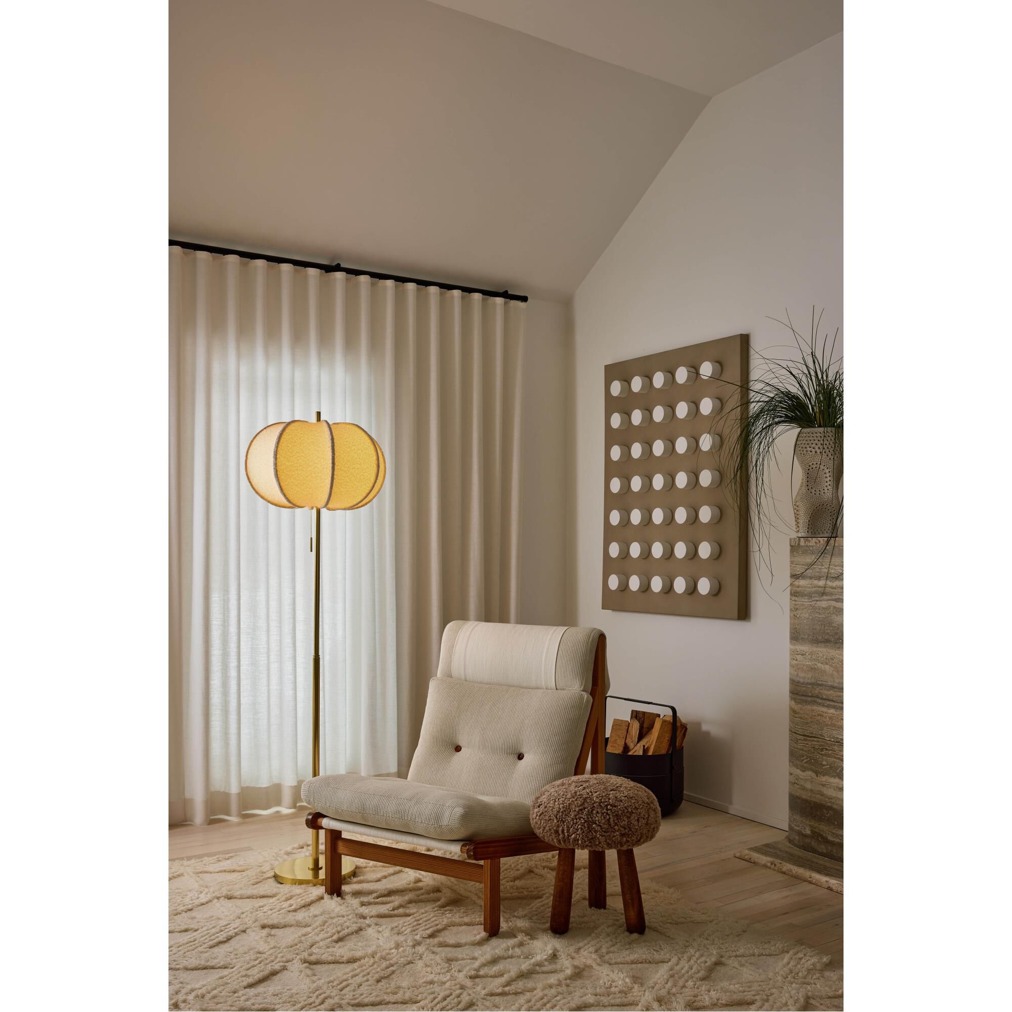 Shown in Aged Brass finish and Textured Linen shade