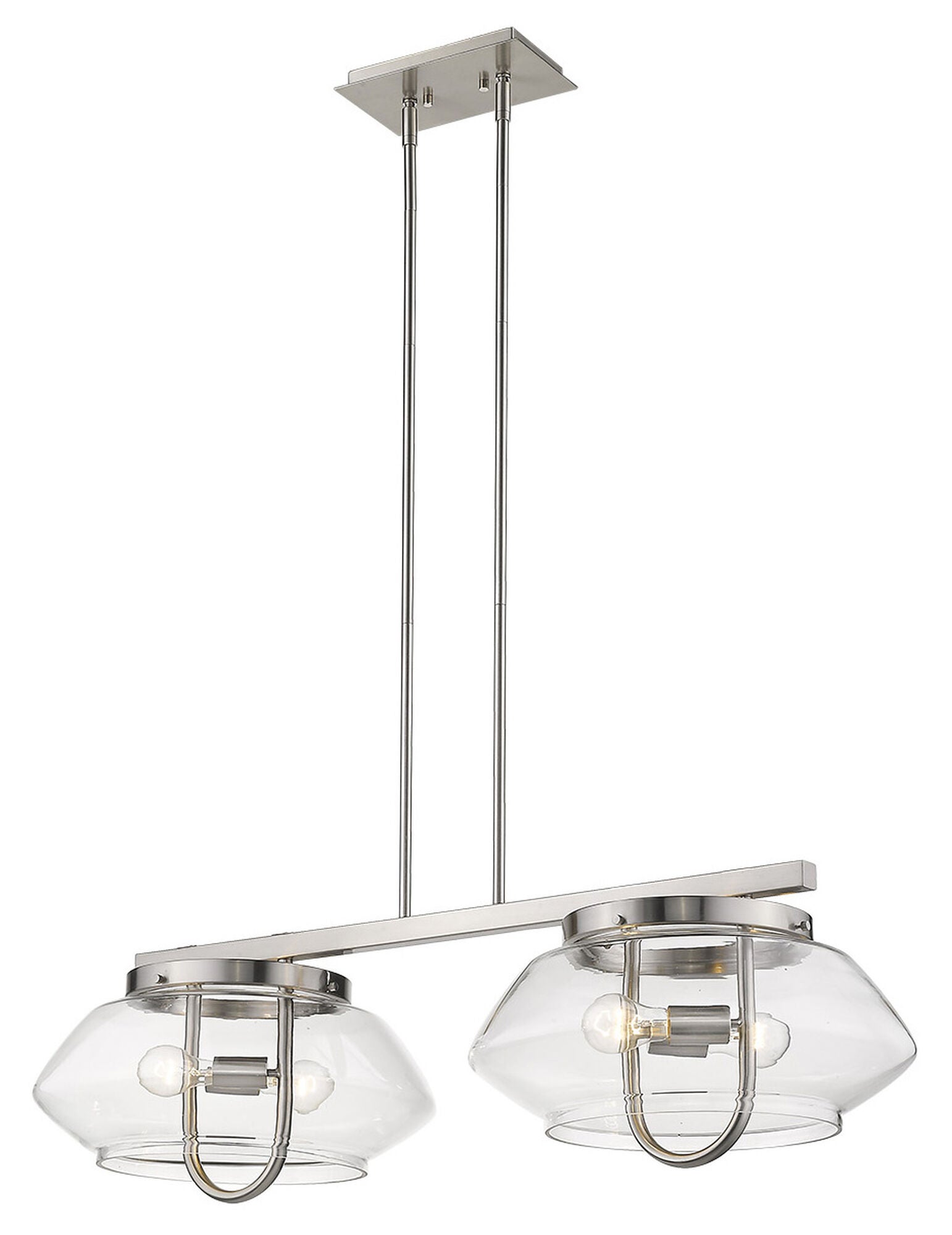 Shown in Satin Nickel finish and Clear glass and Clear Glass Drum shade