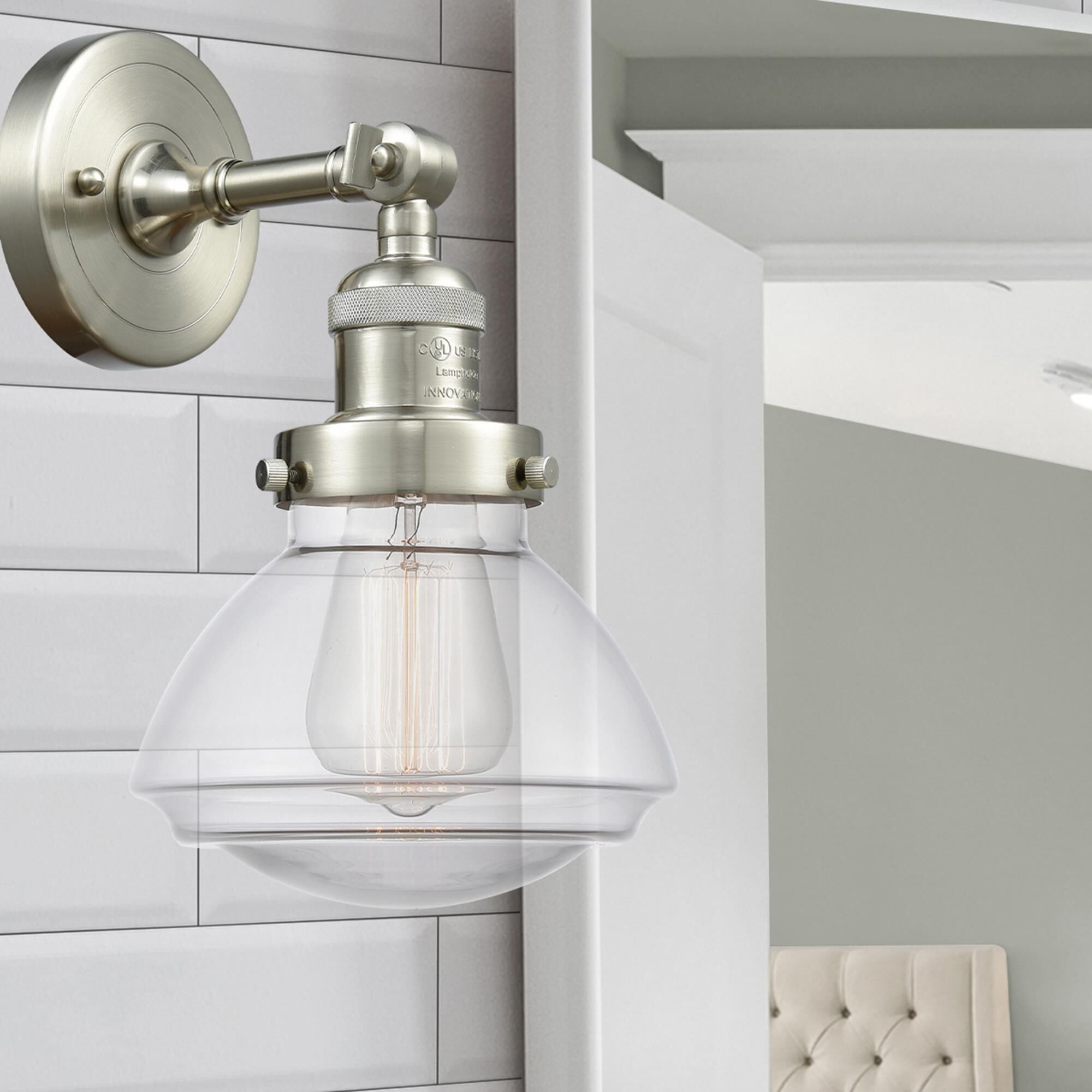 Shown in Brushed Satin Nickel finish and Transparent  Clear Olean glass and Glass shade and Bulb Tint - Amber accent