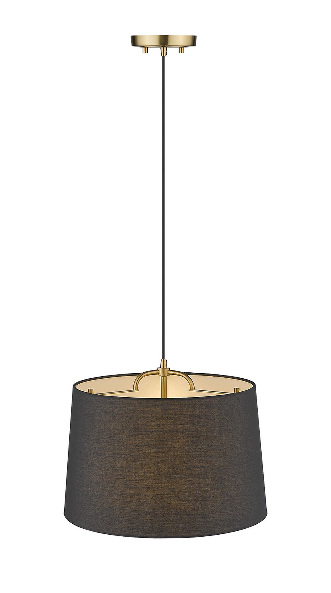 Shown in Gold finish and Matte Black glass and Black Hardback Linen Drum shade