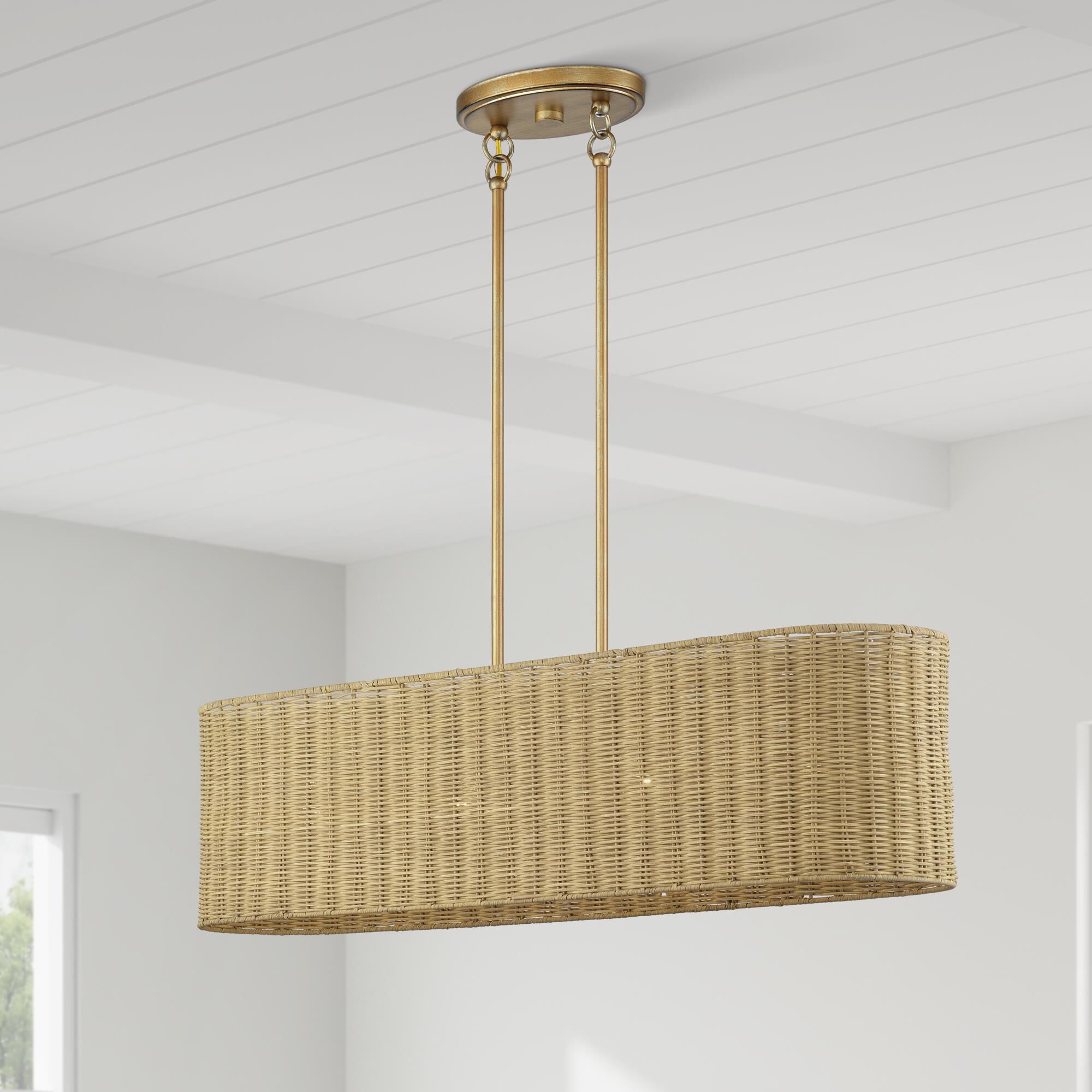 Shown in Antique Gold Leaf finish and Hand-Woven Rustic Walnut Color Rattan shade