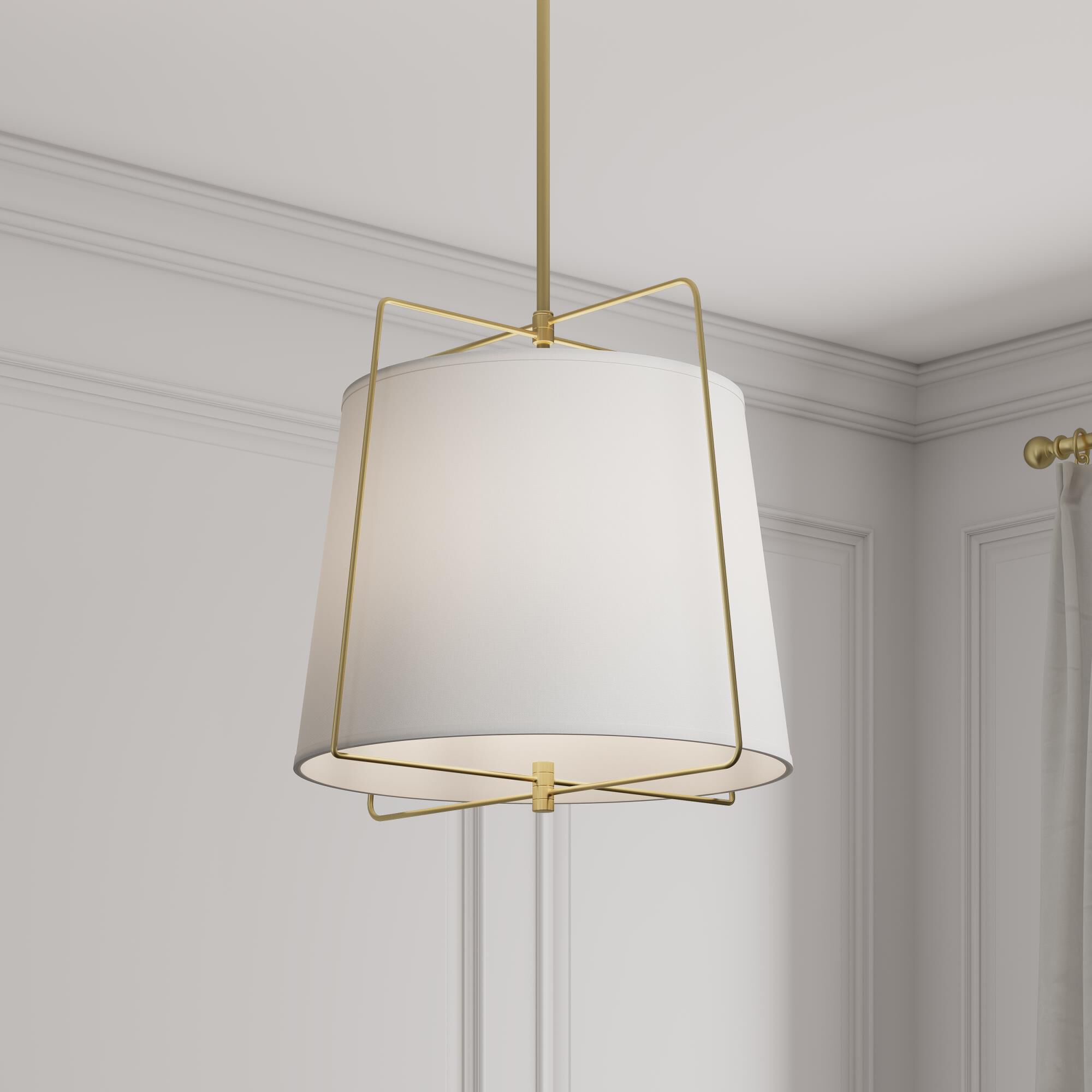 Shown in Vintage Brass finish and White glass