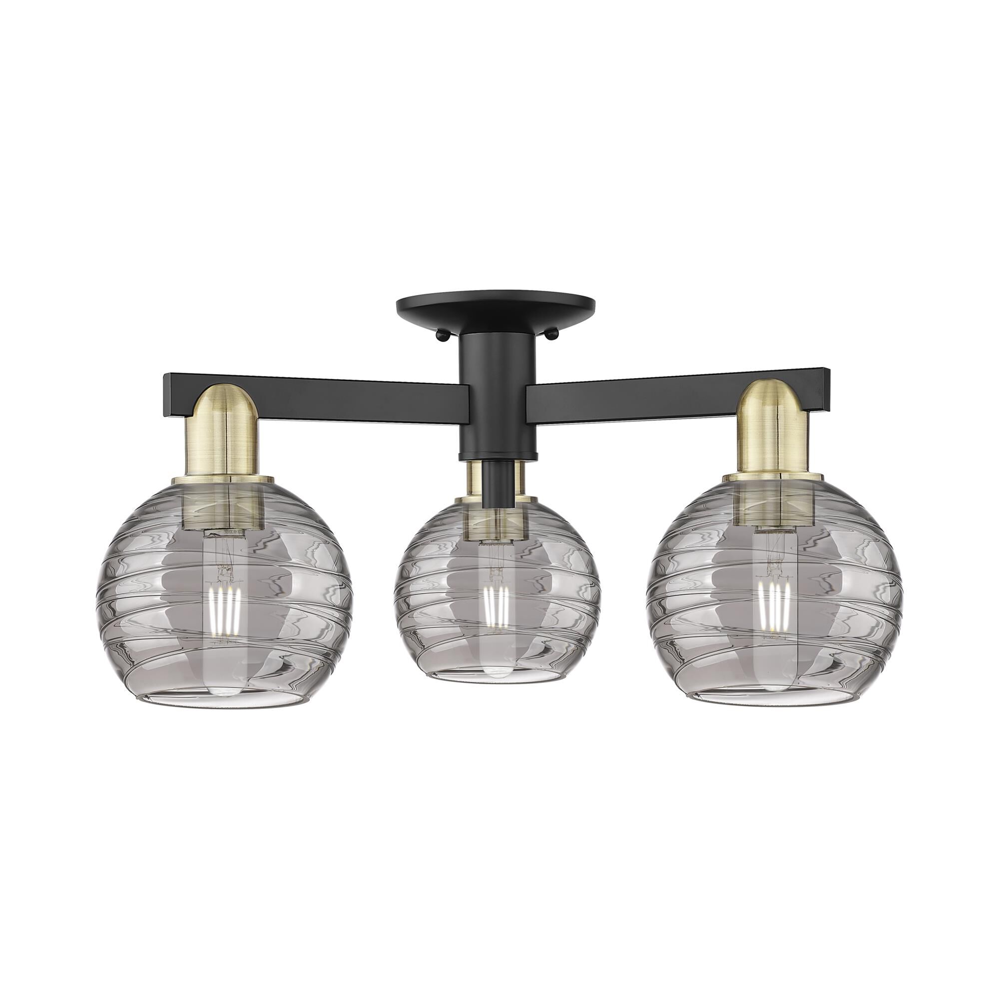 Shown in Black Antique Brass finish and Light Smoke Deco Swirl glass