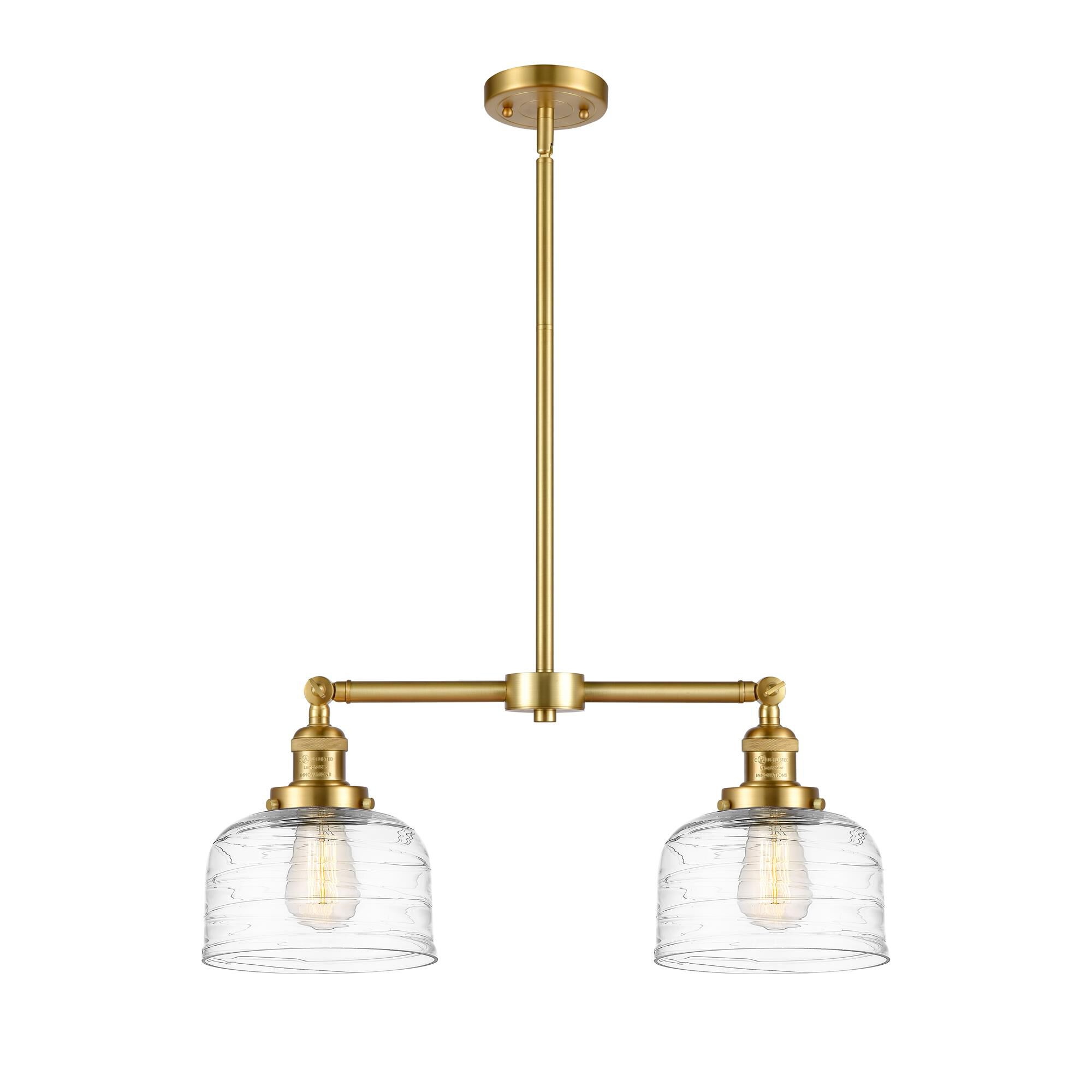 Shown in Satin Gold finish and Clear Deco Swirl Large Bell glass