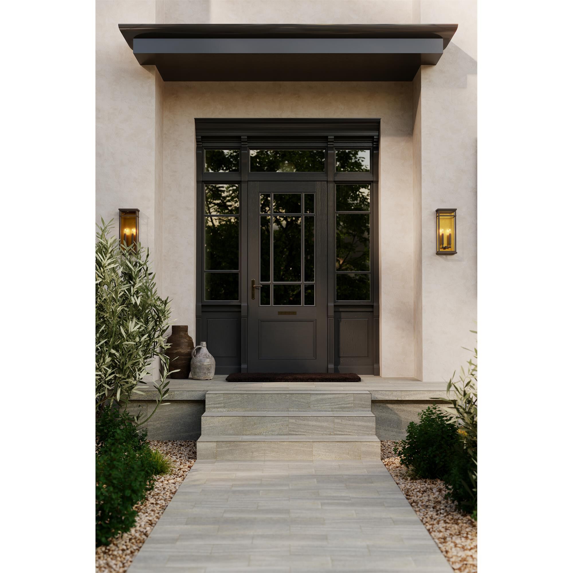 Shown in Painted Legacy Brass and Dark Bronze finish and Clear glass