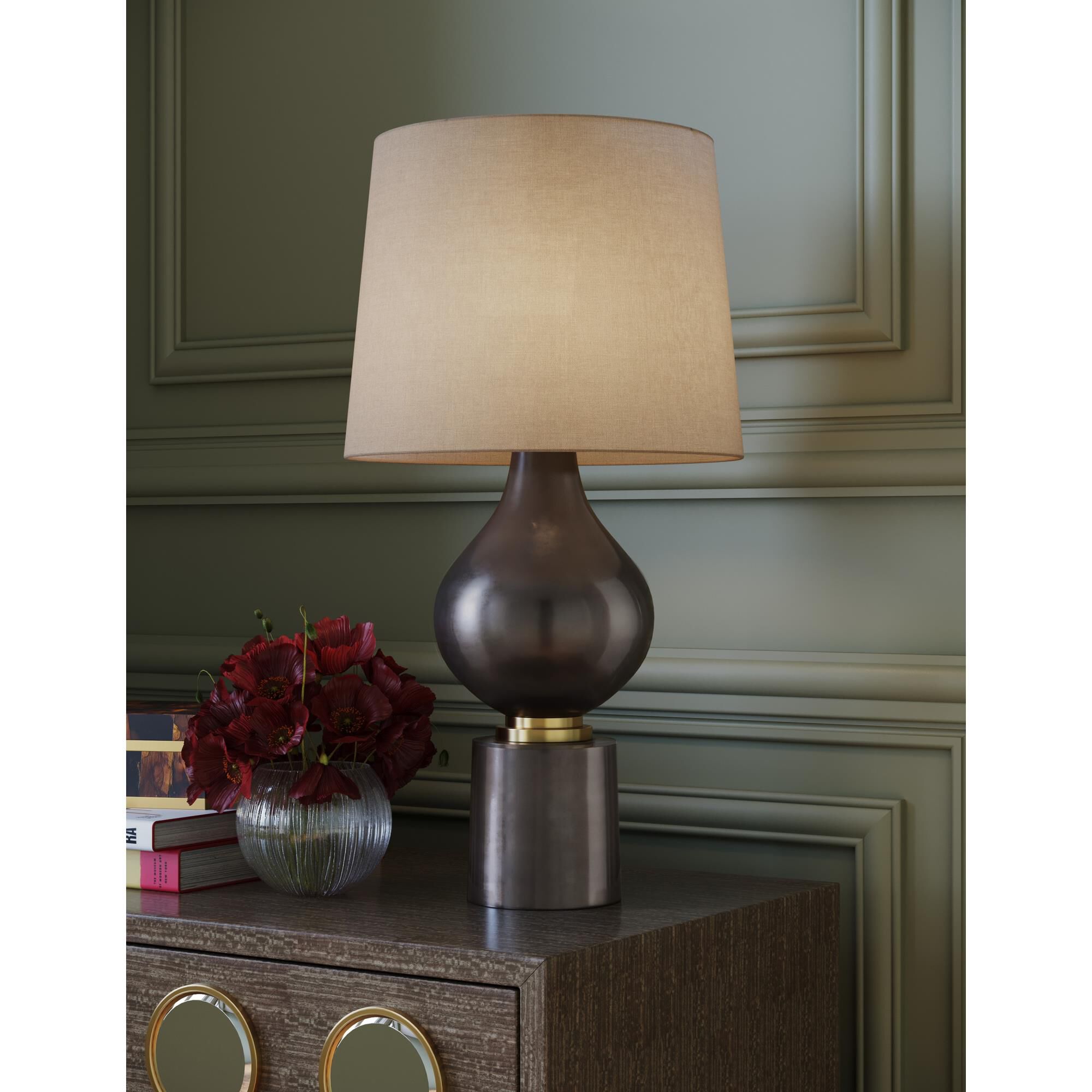 Shown in Black Nickel, Vintage Brass finish and Off-White Linen shade