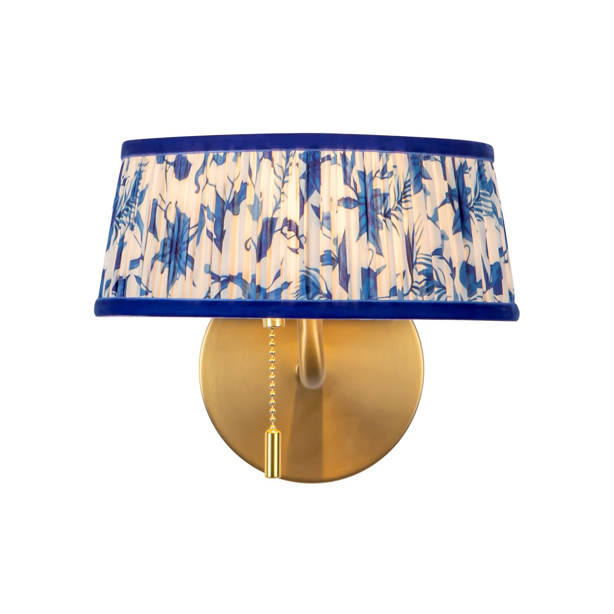 Shown in Brushed Gold finish and Blue Linen shade