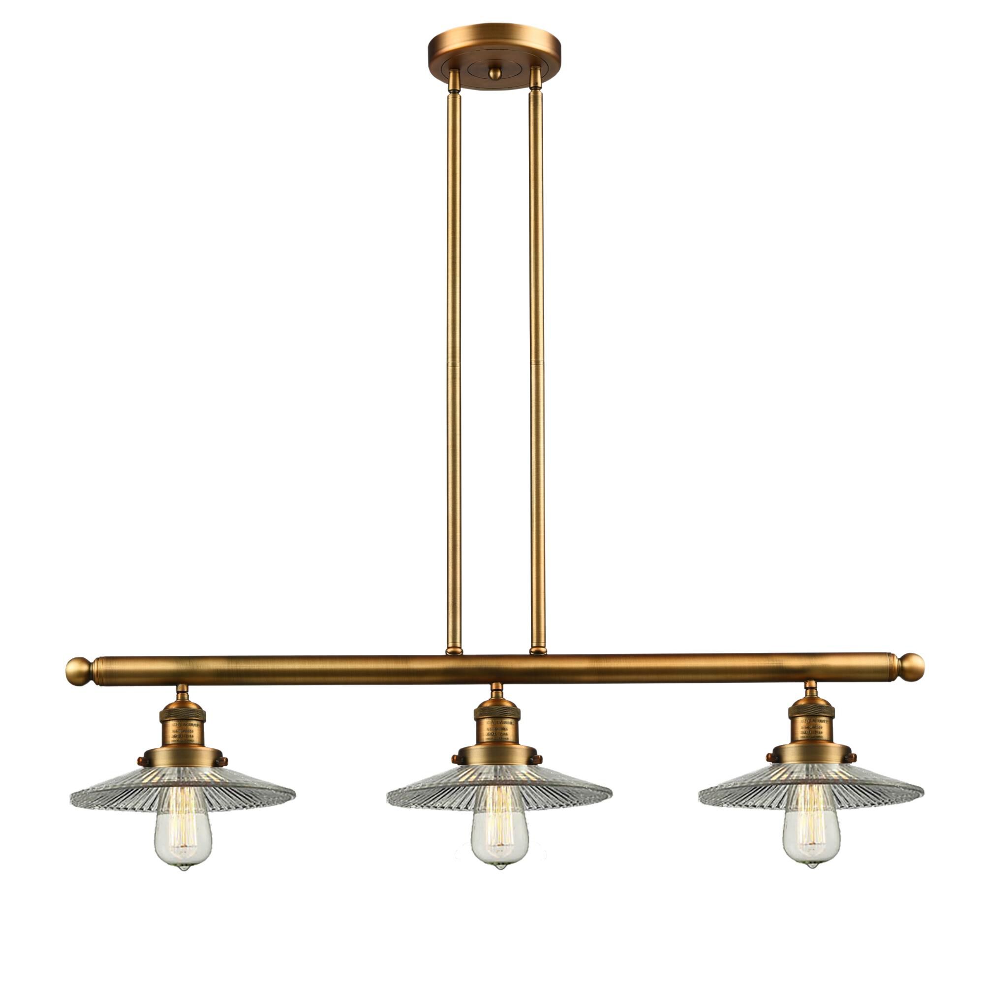 Shown in Brushed Brass finish and Clear Halophane glass