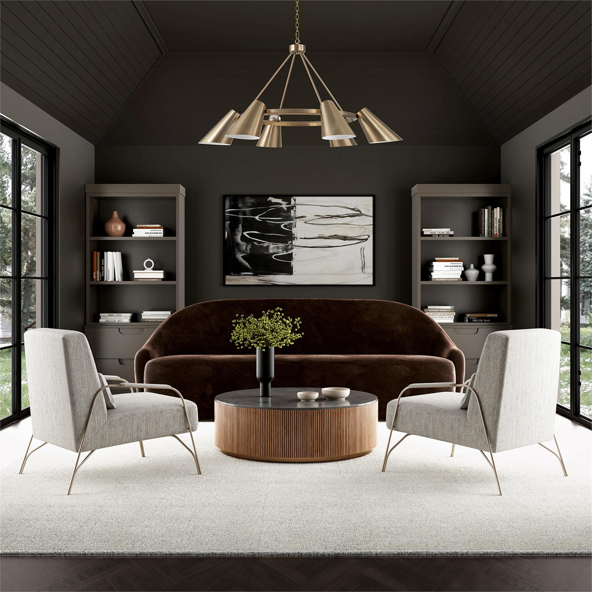 Shown in Matte Brass finish and Matte Brass Metal with White Interior shade