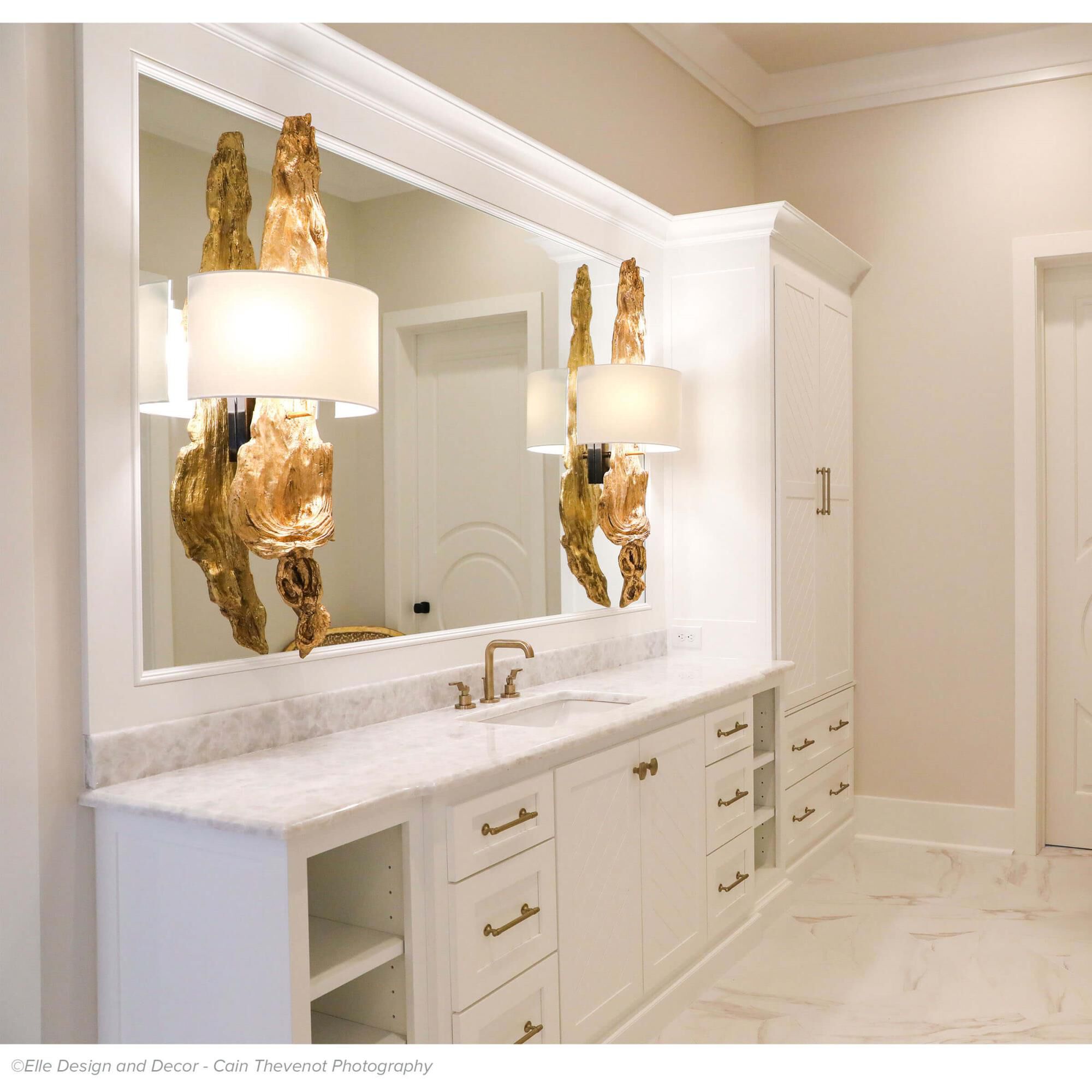 Shown in Antique Gold Leaf finish and Linen shade