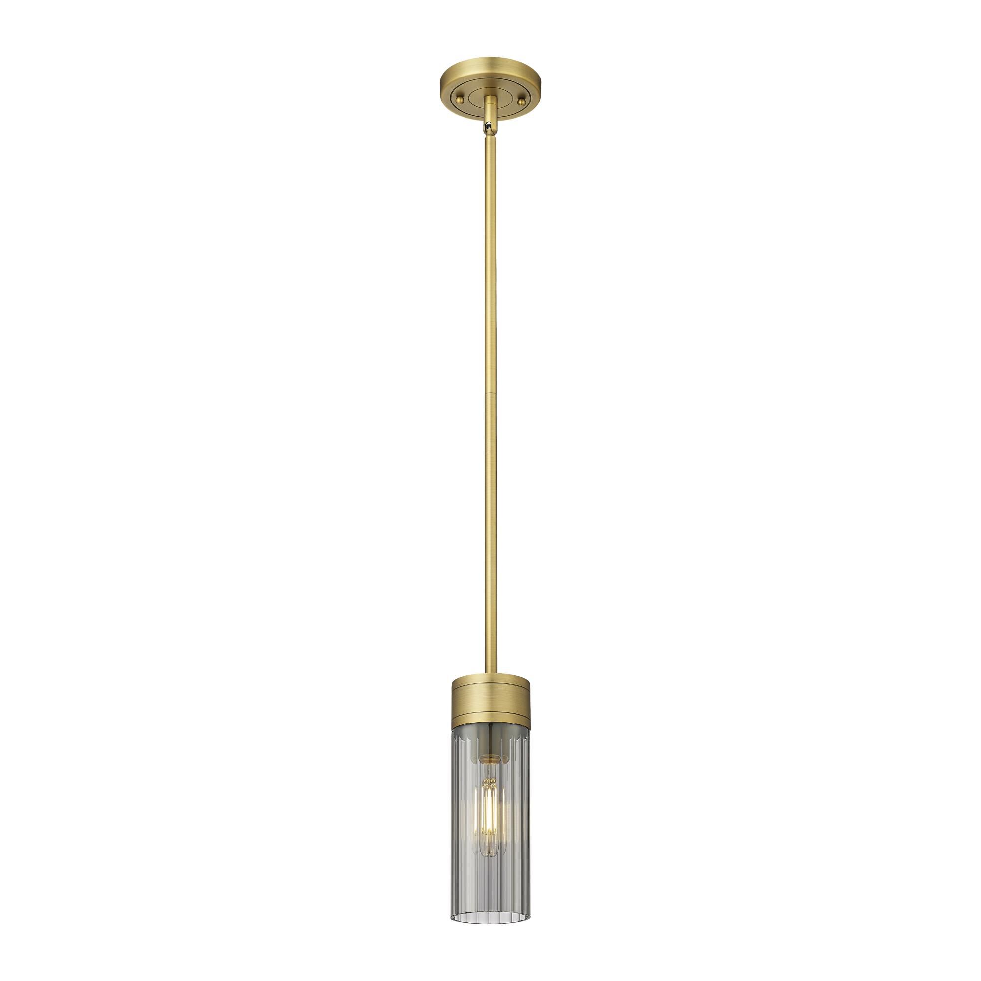 Shown in Brushed Brass finish and Plated Smoke glass and Plated Smoke Glass shade
