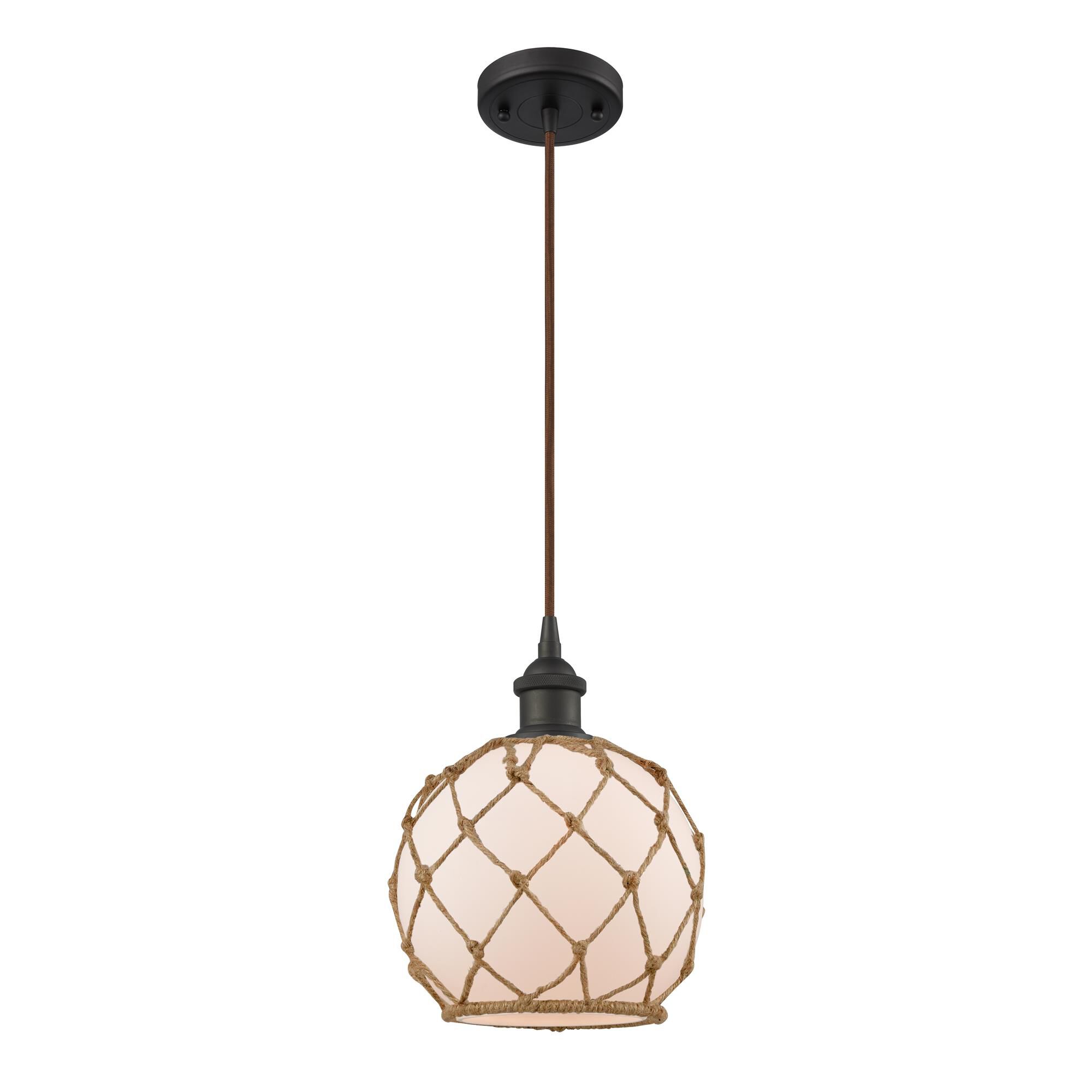Shown in Oil Rubbed Bronze finish and White With Black Rope glass