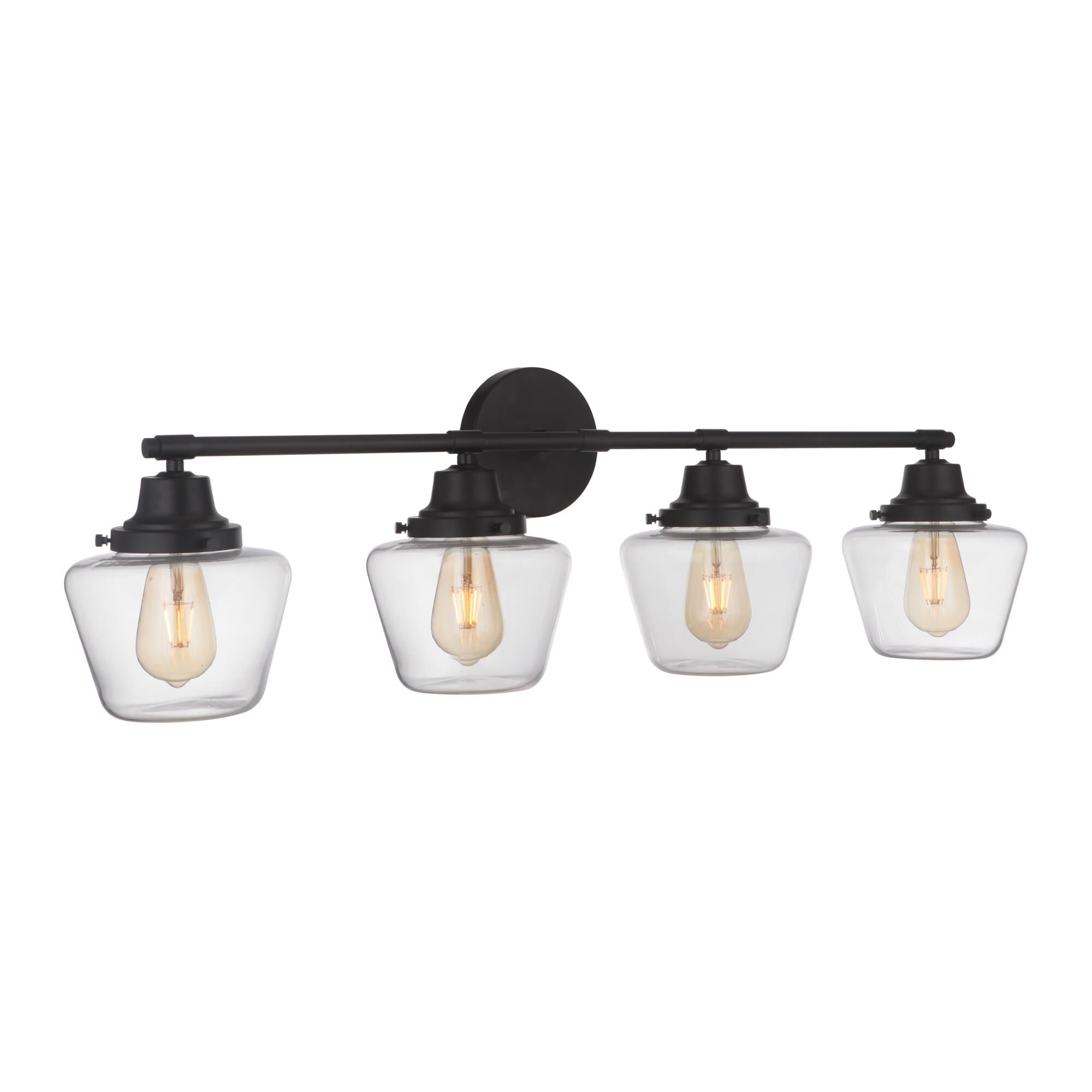 Shown in Flat Black finish and Clear glass and Glass shade
